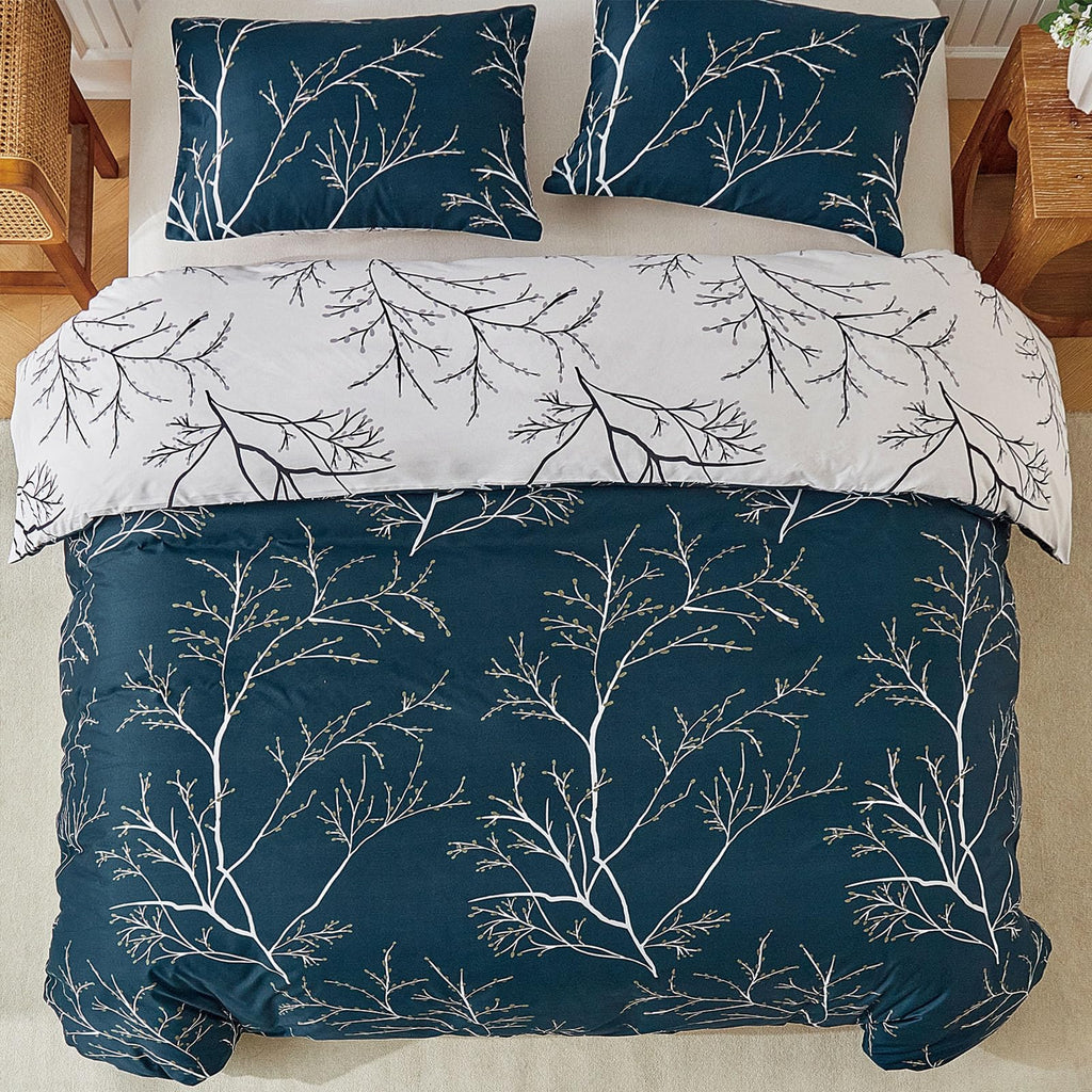 Duvet Cover Queen, Tree Branches Pattern Bed Sets, Ultra Soft Microfiber Bed Set, 3 Piece Breathable Queen Duvet Cover Set with Zipper Closure, Corner Ties, (90x90 Inch, Blue)