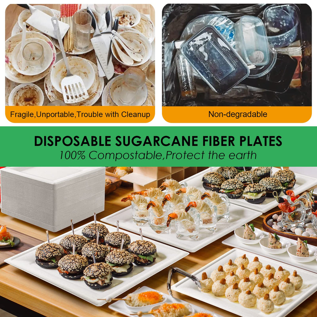 Gezond Compostable Square Plates 10 Inches, 100pcs Disposable Paper Plates, Eco-Friendly Heavy Duty Biodegradable Sugarcane Plates for Party, White
