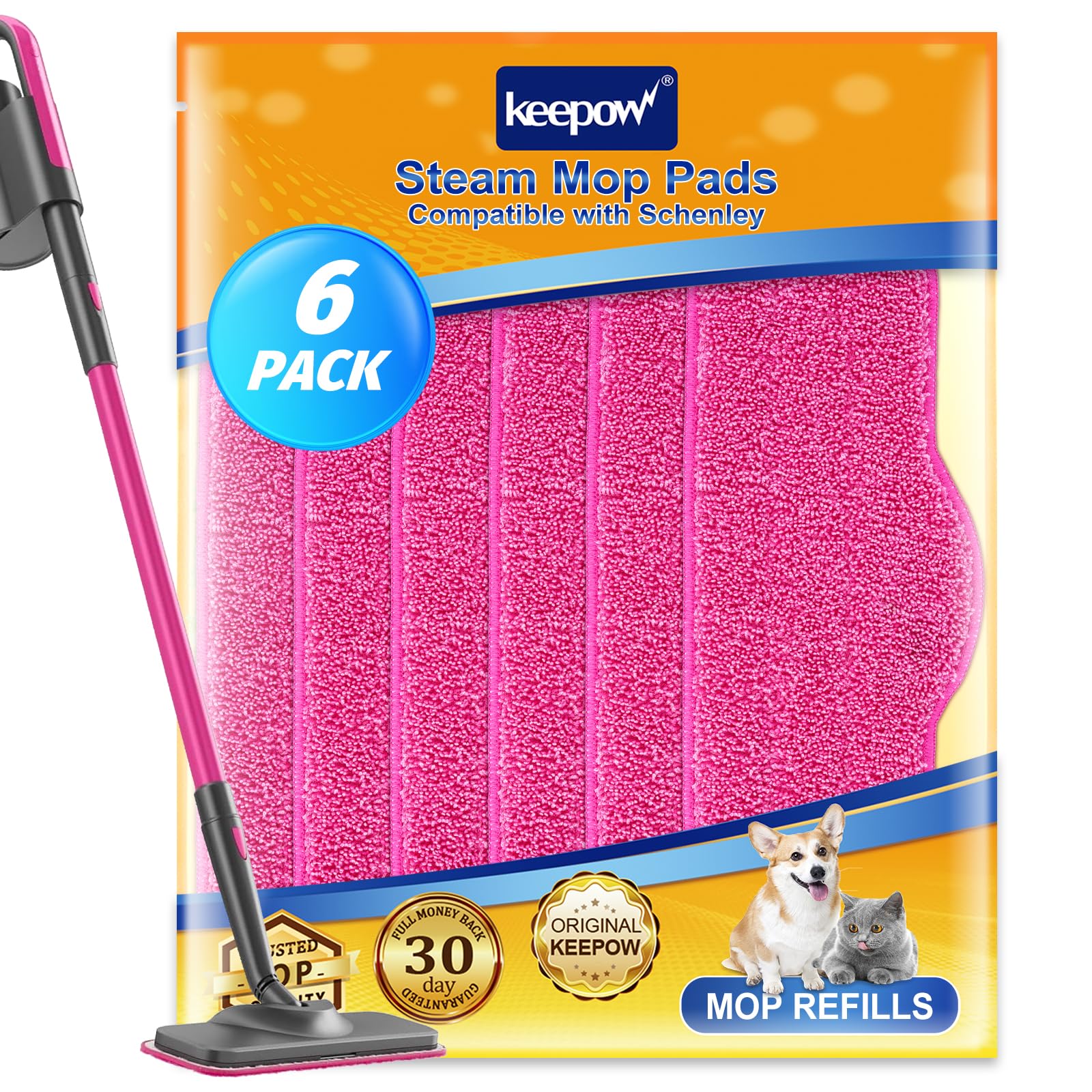 KEEPOW 6 Pack Microfiber Pads Steamer Mop Compatible with Schenley Steam Mop, Washable and Reusable Mopping Pads Replacement Accessories Fit for Steam Mop SLFCSM064 & SLFCSM063 Model