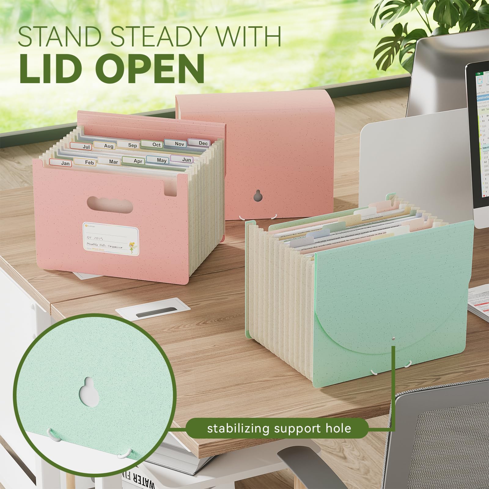 Accordion File Organizer, 13 Pockets Wheat Straw Expanding File Folder, Portable Monthly Paper Bill Tax Receipt Organizer, Letter A4 Size Document Holder with Colorful Tab - Strawberry Pink