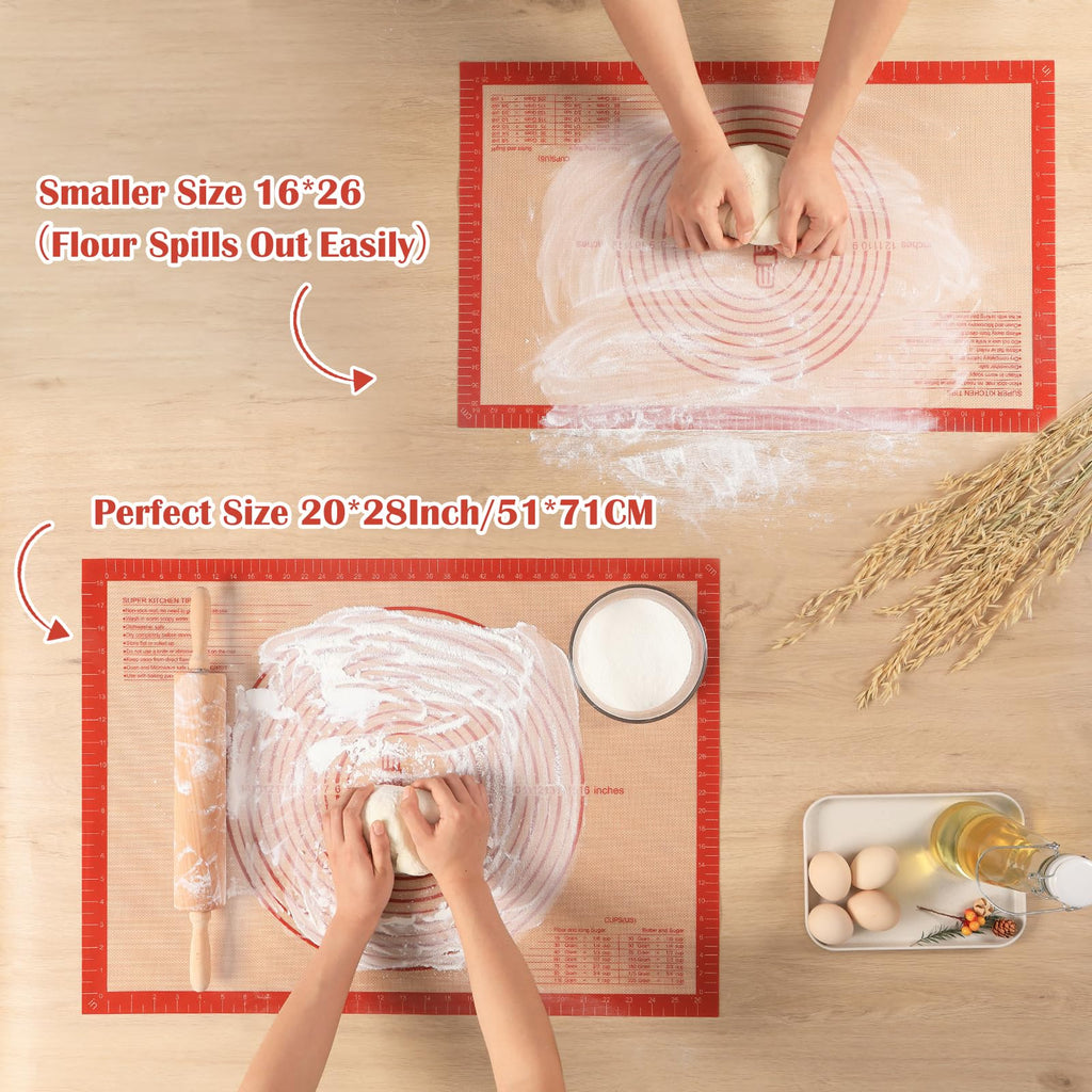 Non-Slip Silicone Pastry Mat Extra Large with Measurements 28''by 20'' for Baking Mat, Counter, Dough Rolling, Oven Liner,Fondant/Pie Crust by Folksy Super Kitchen (Red,20×28