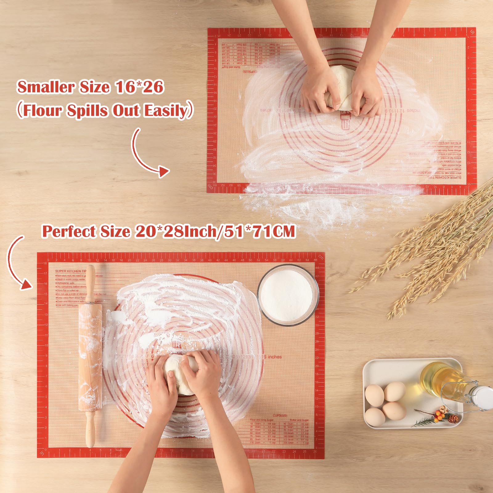 Non-Slip Silicone Pastry Mat Extra Large with Measurements 28''by 20'' for Baking Mat, Counter, Dough Rolling, Oven Liner,Fondant/Pie Crust by Folksy Super Kitchen (Red,20×28