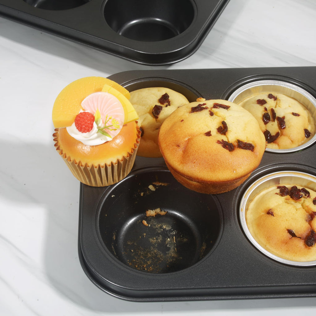 Bakexcel Non-Stick Jumbo Muffin Pans, 6-Cup Set of 2 Baking Pans with a Spatula for Extra-large Muffins & Cupcakes
