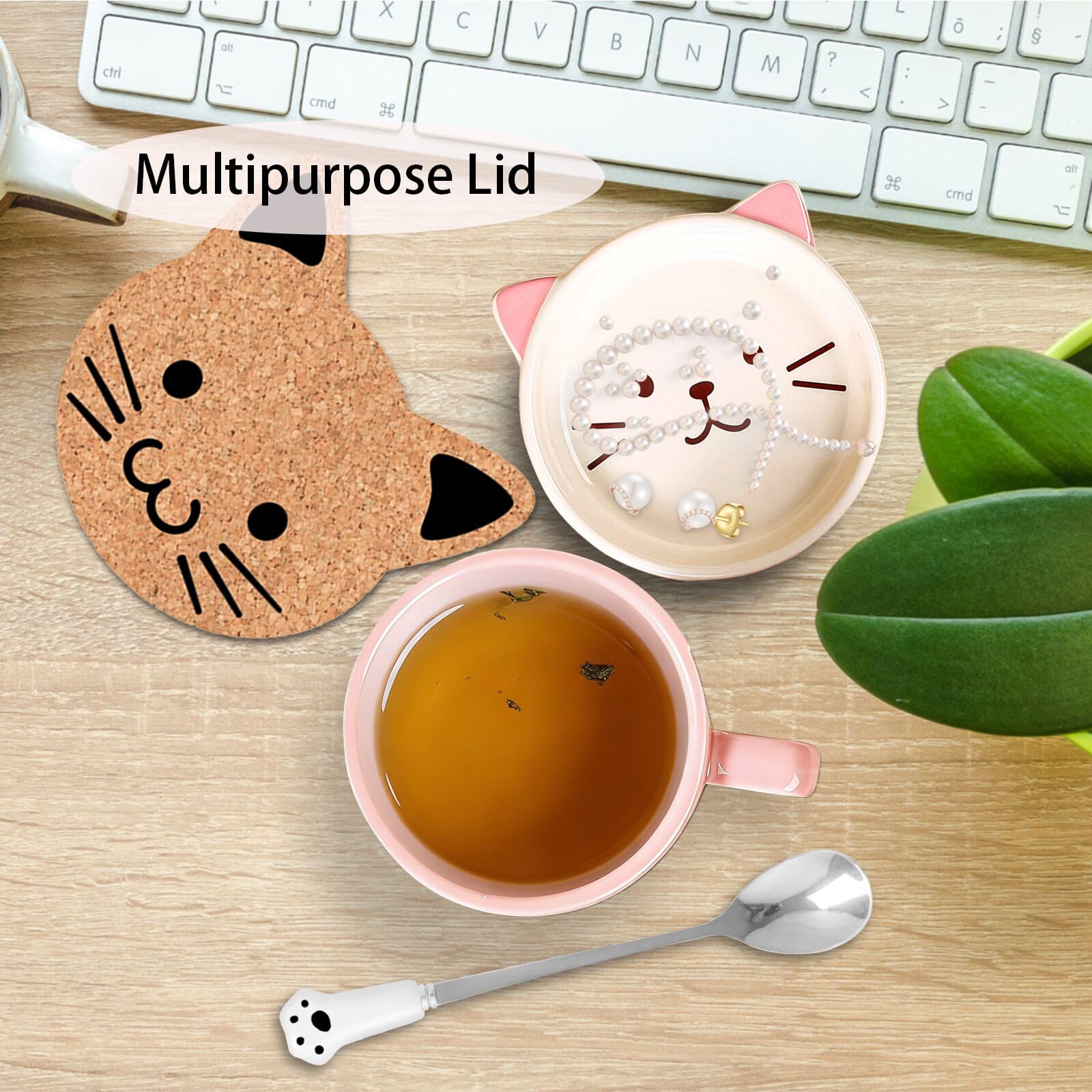 Gifts for Women,Pink Cat Kawaii Coffee Mugs with Lids,Christmas Birthday Gifts for Girls,Friends,Mom,Novelty Animal Ceramic Tea Cup,Dessert Saucer Set