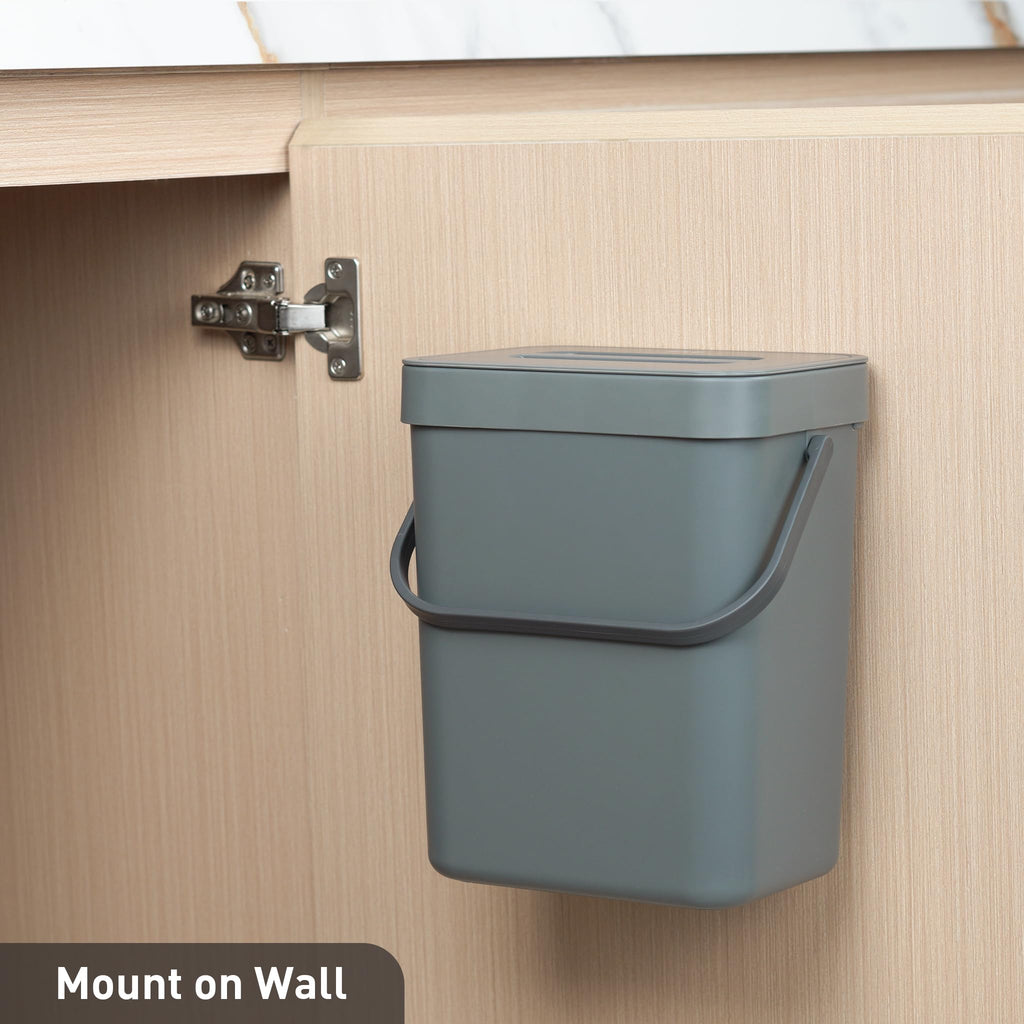 EKO Puro Wall-Mounted Trash Can with Lid, 1.32 Gal / 5L Hanging Trash Can, Small Kitchen Compost Bin for Counter Top, Mini Food Waste Bin (Grey)