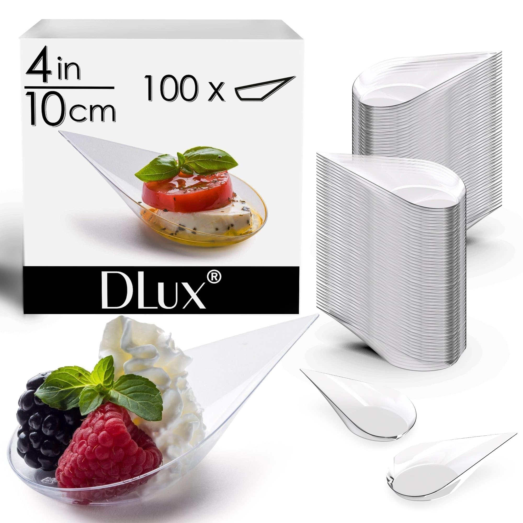 DLux 100 4-in Tear Drop Mini Appetizer Plates, Reusable Clear Plastic Spoons - Desserts and Appetizers Dishes Serving Plate - Asian Spoon Set, Small Catering Dessert Tasting Cups - with Recipe Ebook