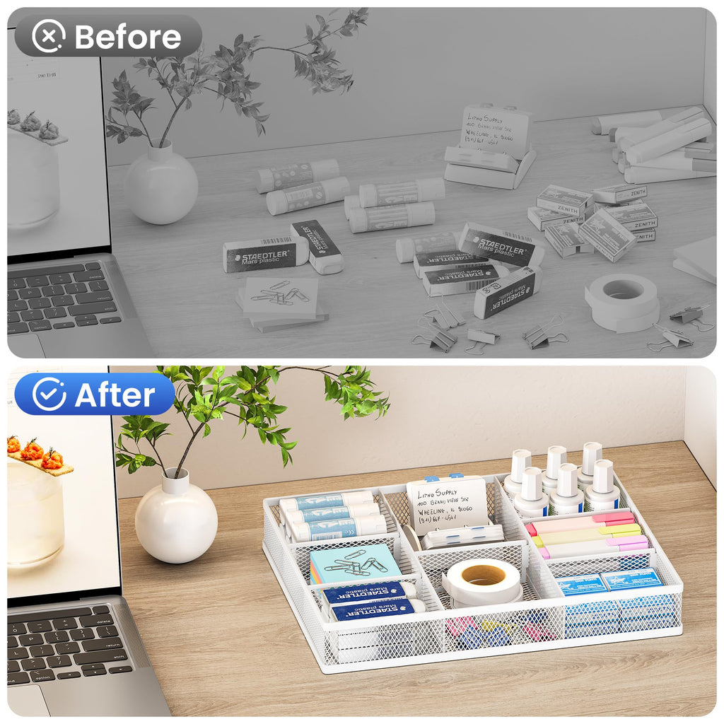 SUBEKYU Mesh Drawer Organizer Tray with 8 Adjustable Compartments, Desk Drawer Organizer for Office and Home, Stationery Storage Pen Holder Tool Tray - White