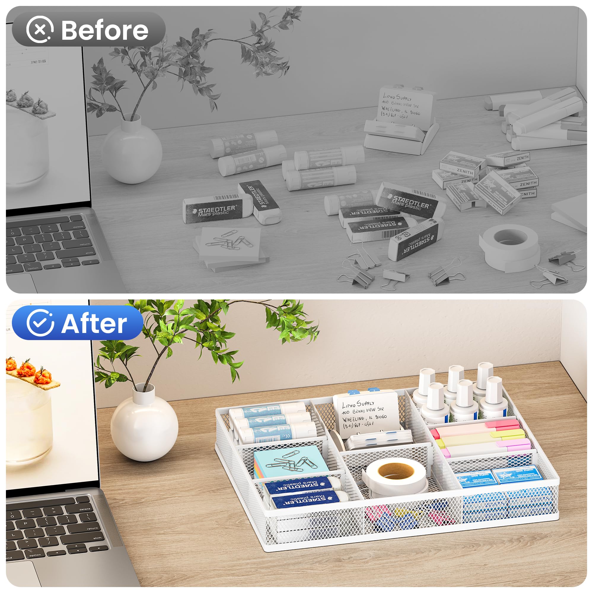 SUBEKYU Mesh Drawer Organizer Tray with 8 Adjustable Compartments, Desk Drawer Organizer for Office and Home, Stationery Storage Pen Holder Tool Tray - White