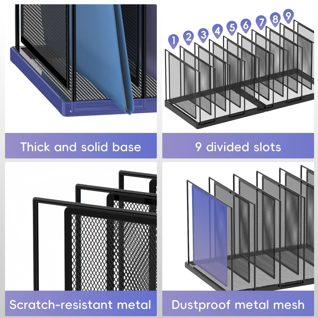 JMHUD 9-Section Desk File Organizer, Vertical File Holder, Mesh Desktop File Folder Metal File Binder Organizer Stand for Office Home Classroom, Black