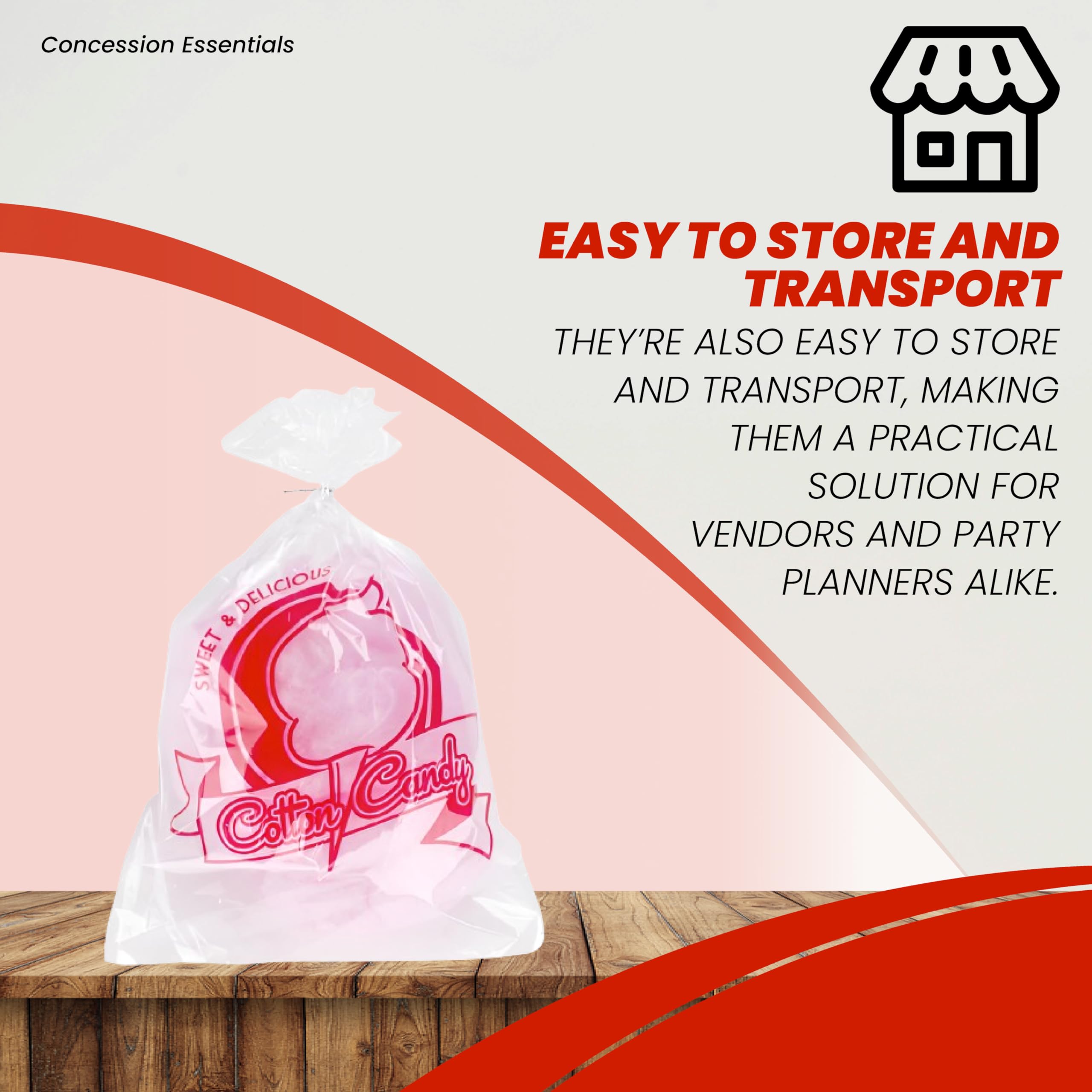 Concession Essentials Cotton Candy Bags-100 Cotton Candy Bags with Twist Ties, 0.5" Height, 18" Width, 12" Length (Pack of 100)