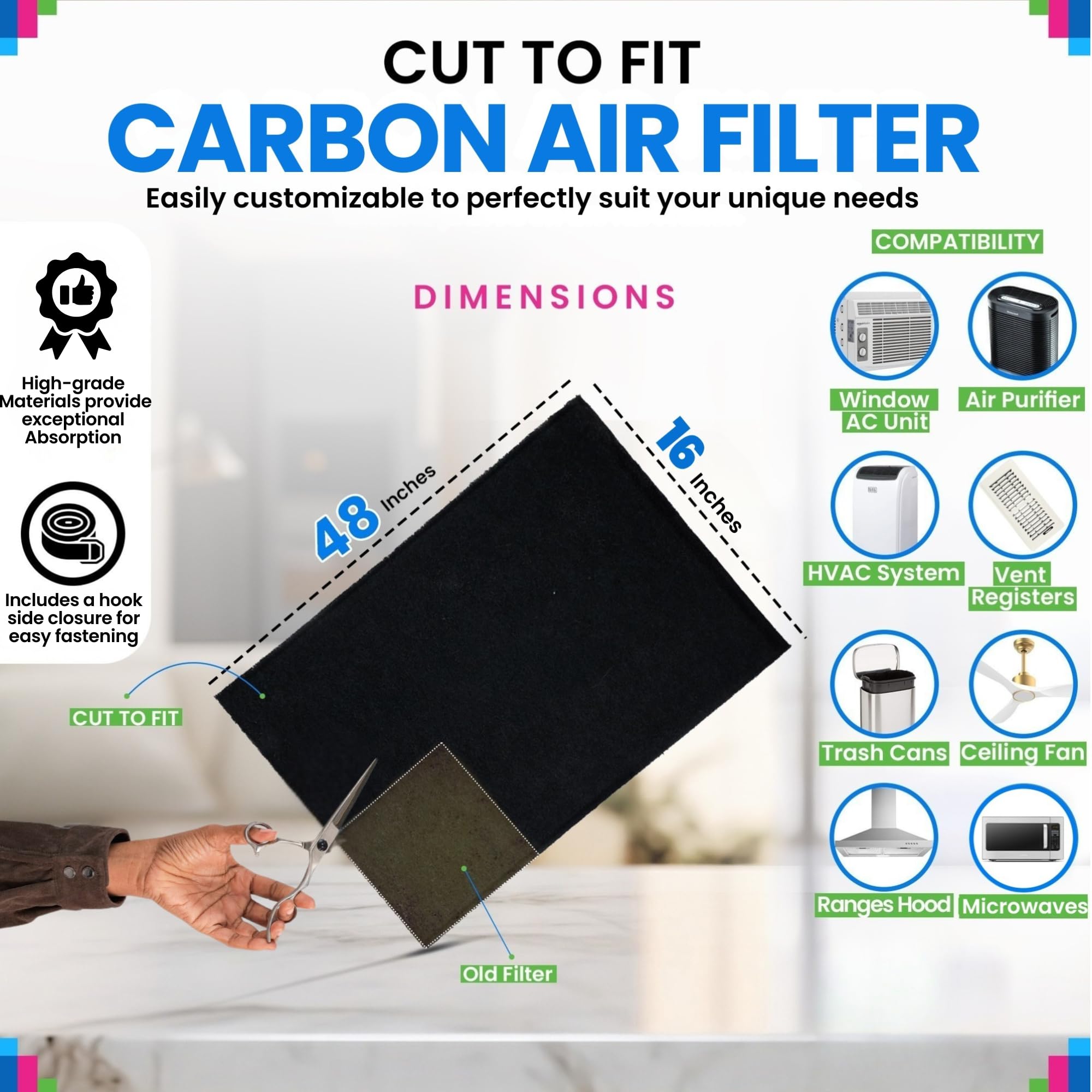 Cut to Fit Activated Carbon Filter Sheet 16” x 48” - Activated Carbon Air Filter for Air Purifiers Window AC Air Vent And More - Charcoal Filters Effectively Remove Odors & Freshens the Air (2-Pack)