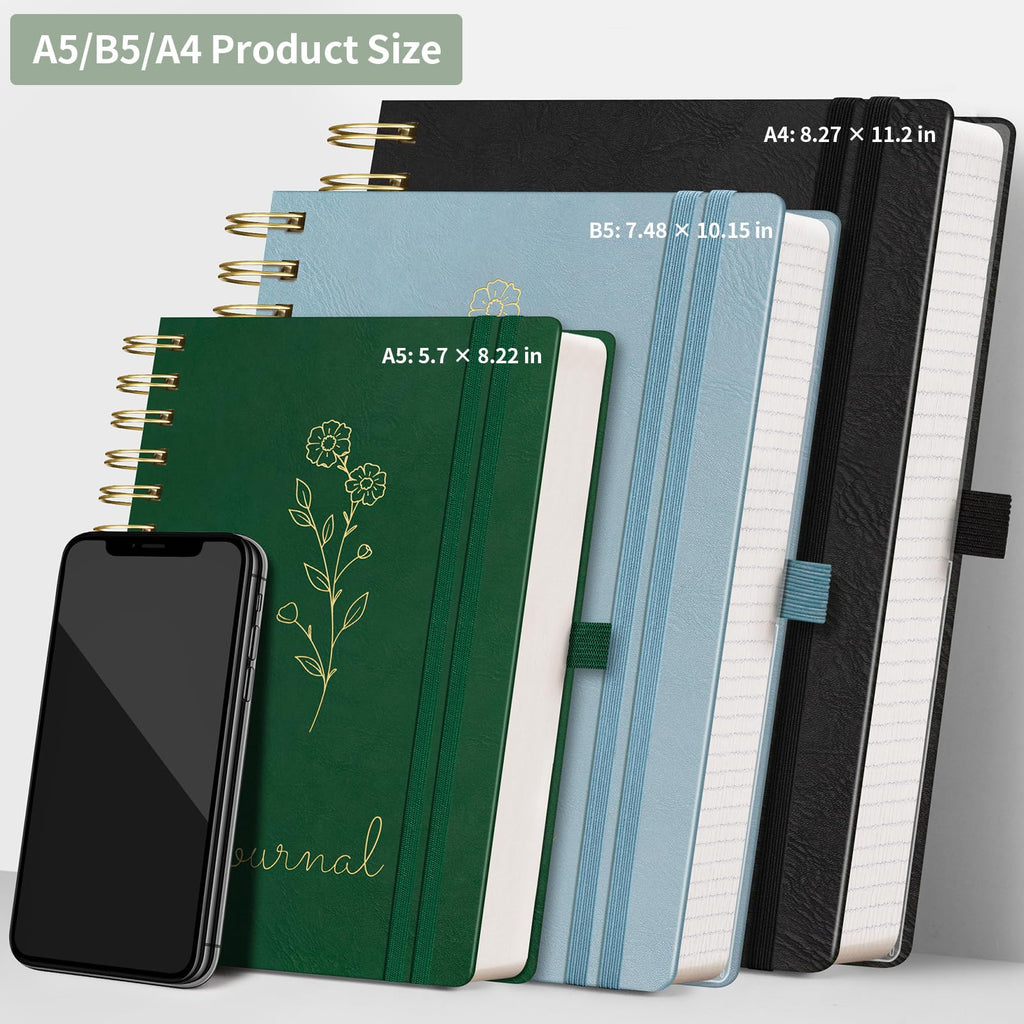 EMSHOI Lined Spiral Journal Notebook B5, 300 Numbered Pages, College Ruled Notebook, 7.48"×10.15" x 100gsm Lined Paper, Hardcover Leather Notebook for School, Work & Note Writing - Dark Green