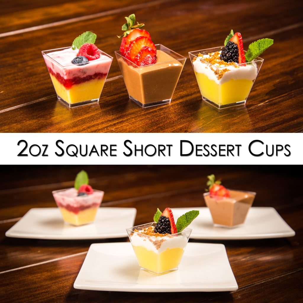 DLux 50 x 2 oz Mini Dessert Cups with Spoons, Square Short - Clear Plastic Parfait Appetizer Cup - Small Reusable Serving Bowl for Tasting Party Desserts Appetizers - with Recipe Ebook