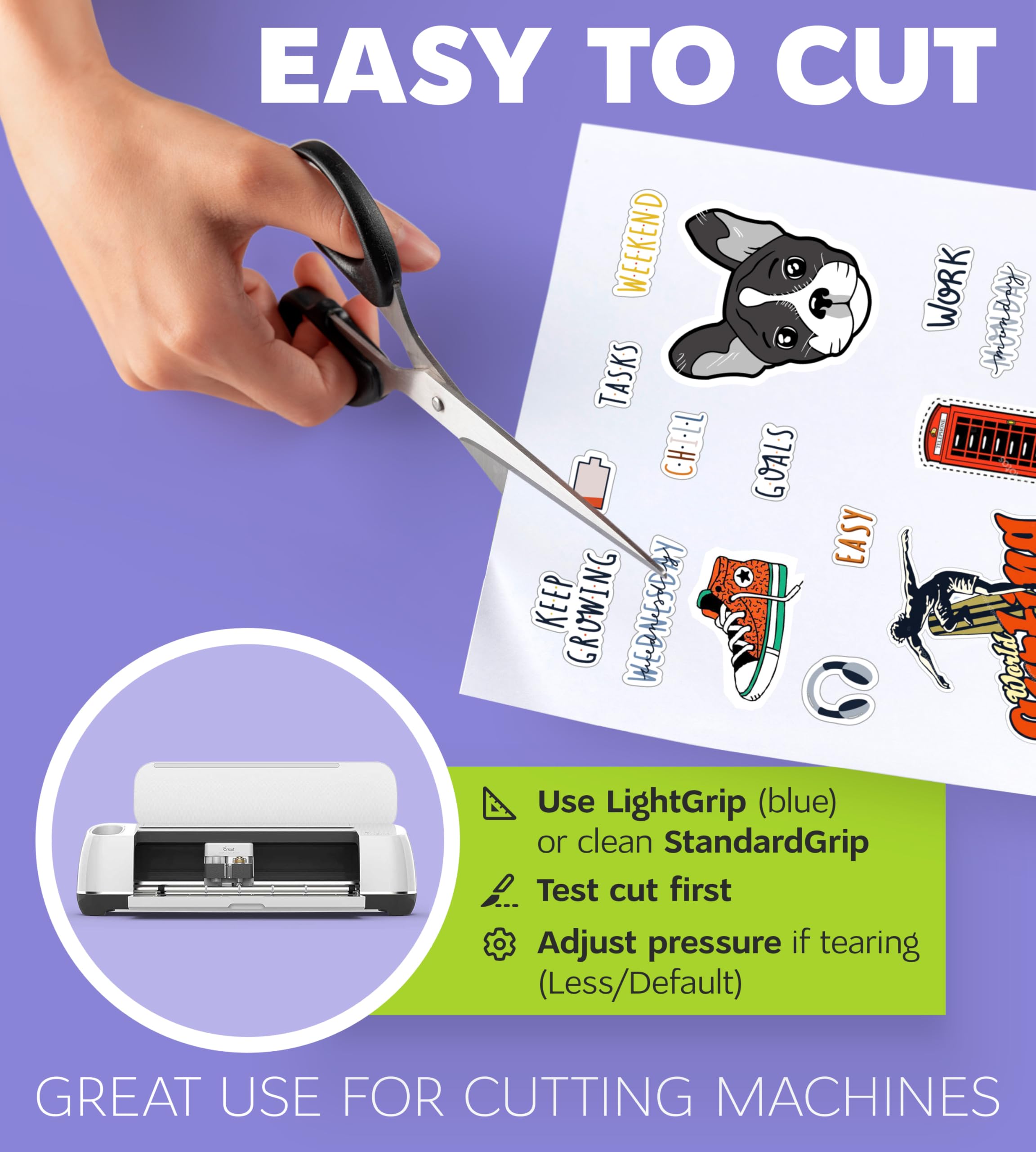 Premium Printable Vinyl Sticker Paper for Inkjet Printer and Laser - 20 White Glossy Sticker Paper Waterproof - Durability Adhesive Paper 8.5 x 11, Fast Dry, Holds Ink Well, Great for Cutting Machines
