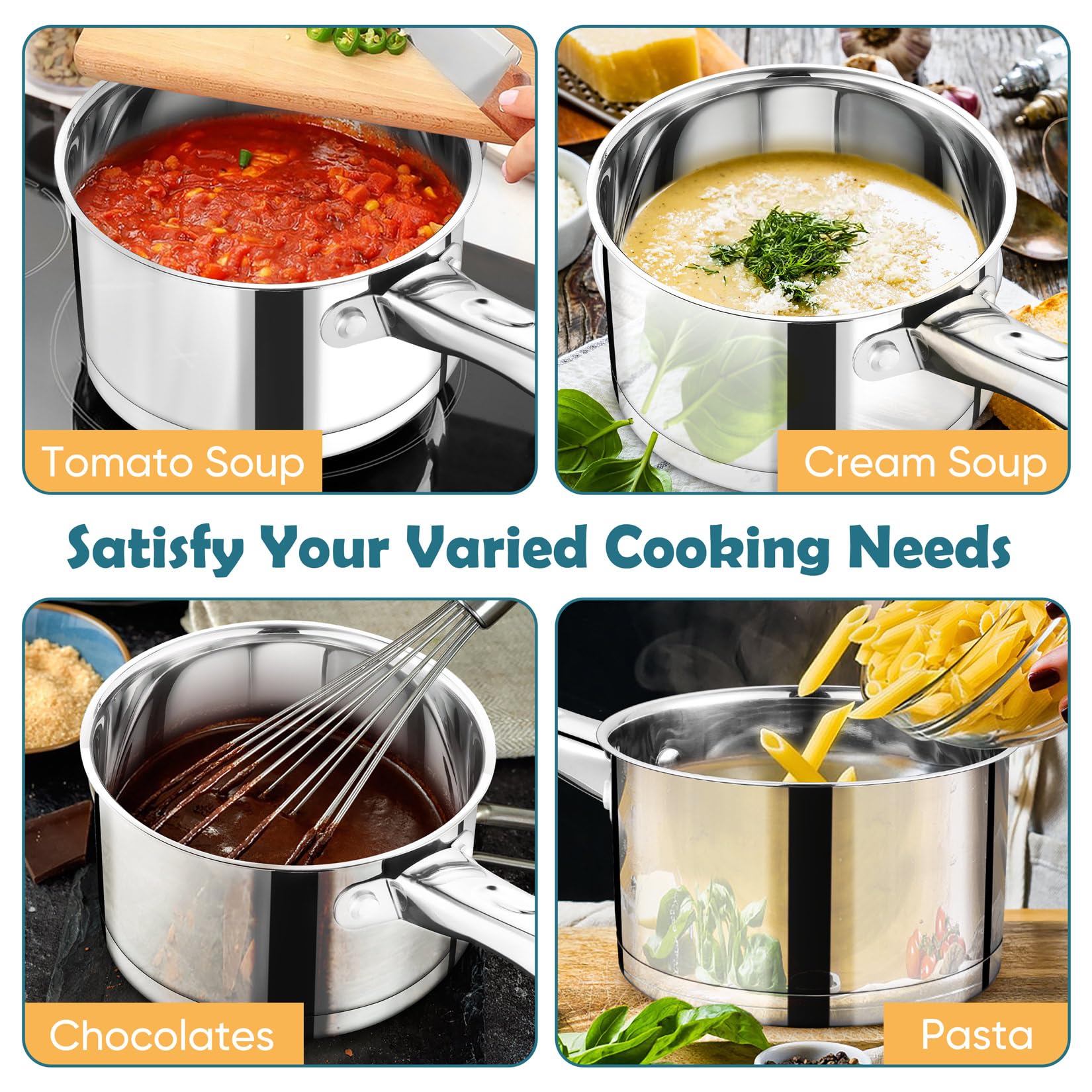 P&P CHEF 3 Quart Saucepan with Lid Set, Stainless Steel Small Cooking Pot Induction Sauce Pan for Pasta Soup, Ergonomic Handle & Tri-ply Base, Dishwasher Safe, 1 Pan
