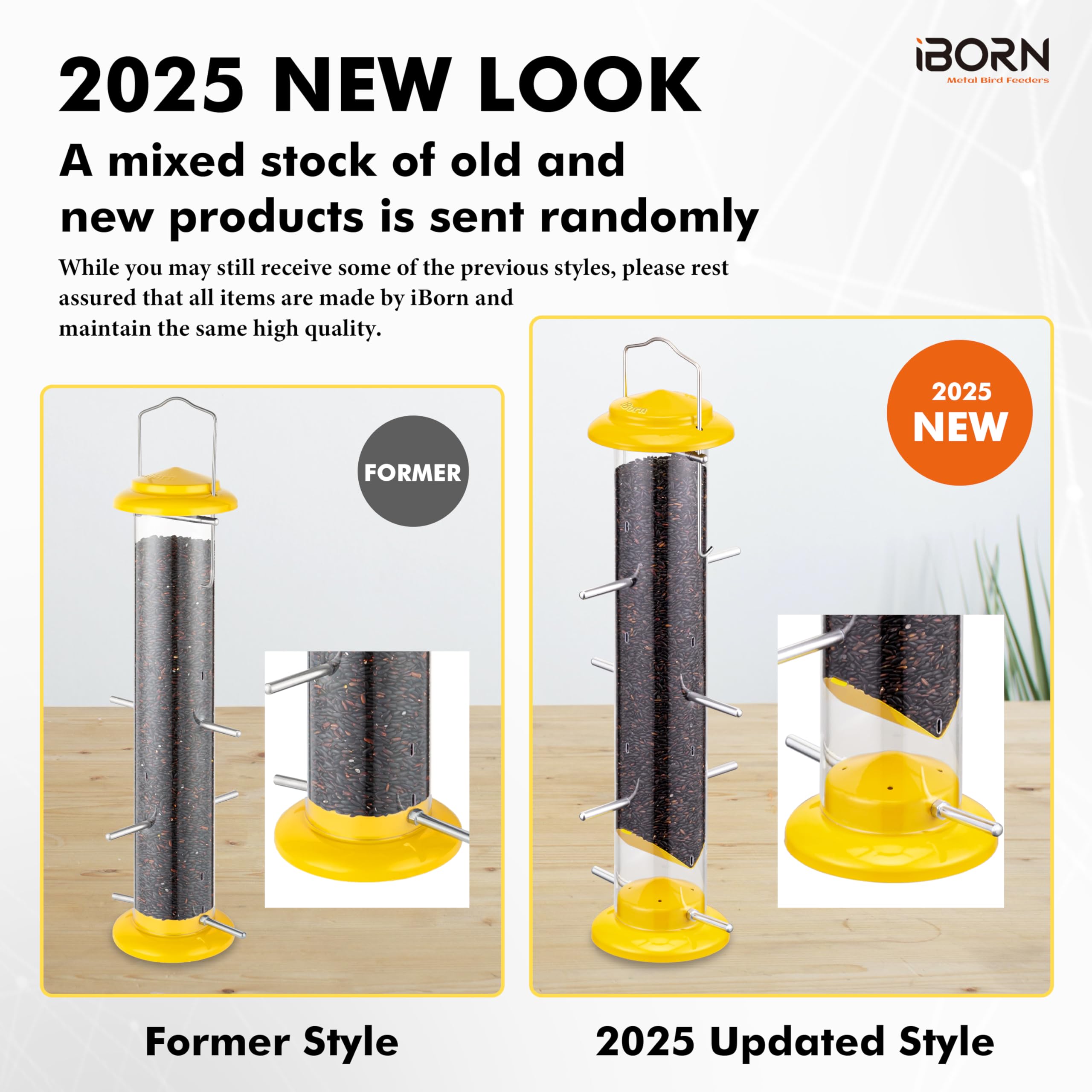 iBorn Nyjer & Thistle Bird Feeder for Outdoors Hanging，Finch Feeders for Outside，Metal Tube Bird Feeder 14 Inch with 12 Small Ports,8 Metal Perches,Yellow