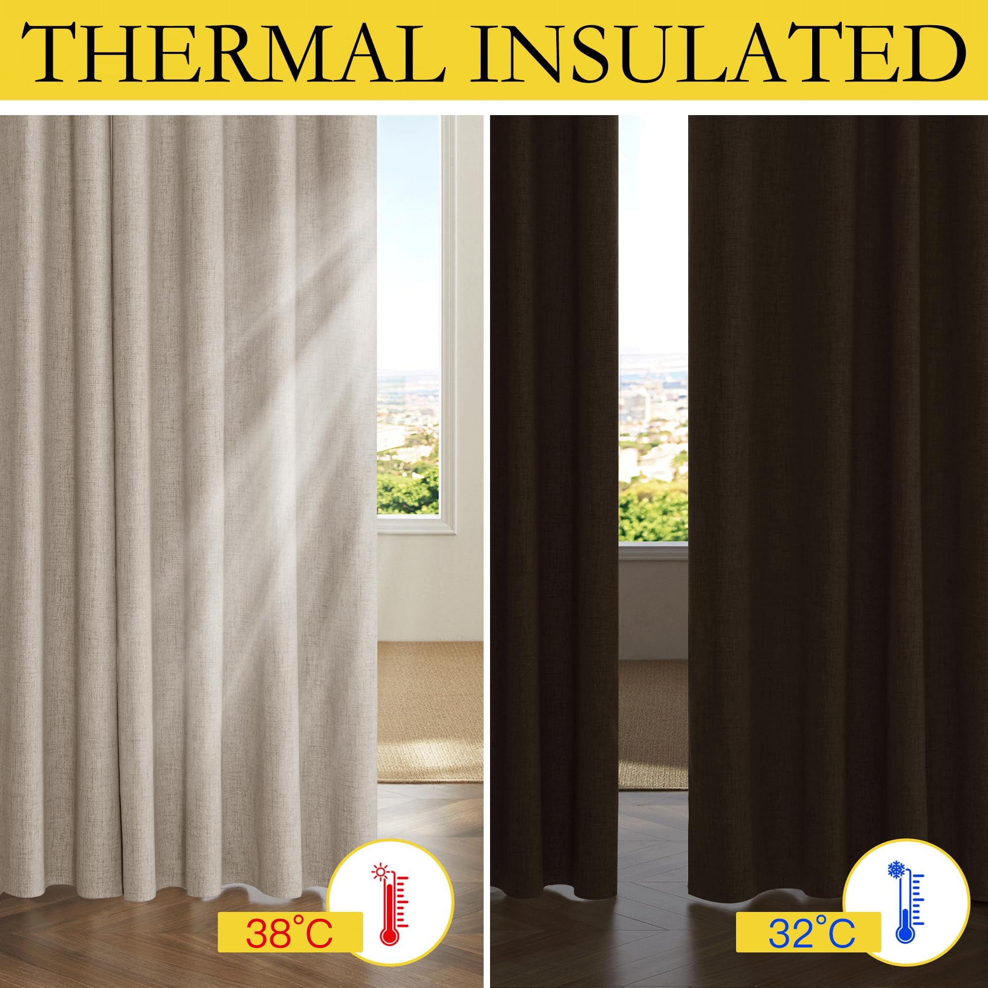 NICETOWN Oatmeal Vintage Open Linen Weave Flax Thermal Curtains, 100% Blackout Curtains 84 Inches Long for Dining Room, Window Treatment Drapes for Hall Room, 52" Wide Per Panel, Set of 2