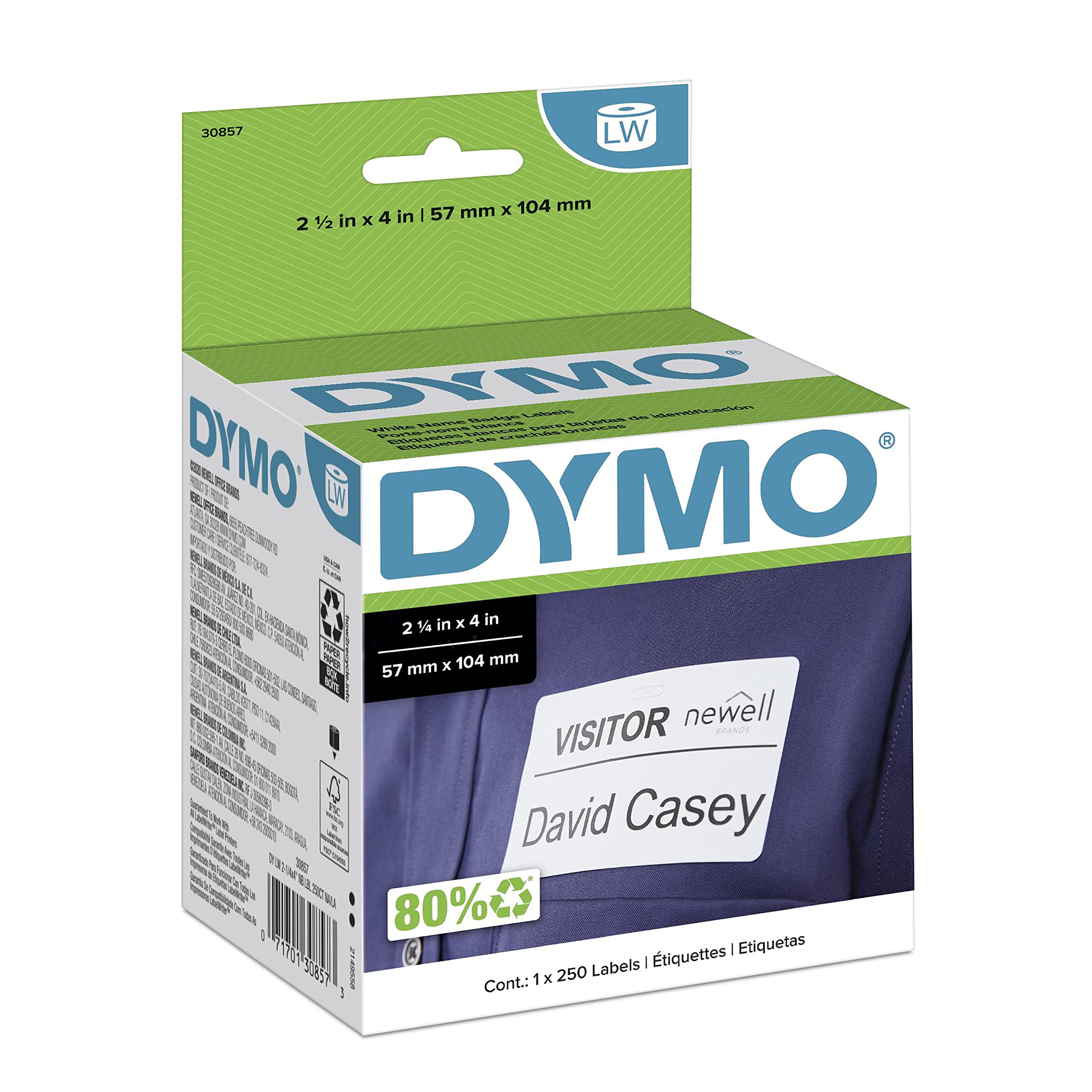 DYMO Authentic LW Name Badge Labels, DYMO Labels for LabelWriter Printers, White, 2-1/4" x 4", 1 Roll of 250