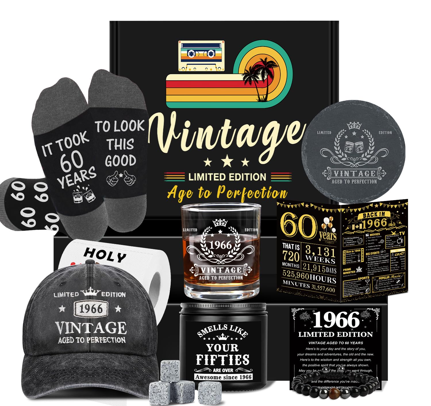 60th Birthday Gifts for Men, Cool 60th Birthday Decorations for Men, 60 Year Old Gifts for Man Who Have Everything, 1966 60th Birthday Gift Baskets for Man Whiskey Glass Baseball Cap Socks Stones