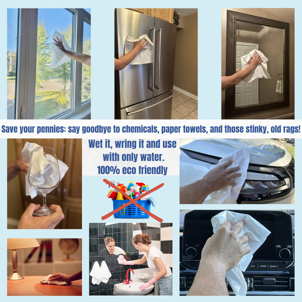 Crystal Clean Eco-Cloth Amazing Lint-Free/Streak-Free/Chemical-Free Microfiber Cloth for Windows & Glass/Mirrors Stainless Steel Appliances TV/Computer/Tablets...5 in a Pack, White, 16''x16''