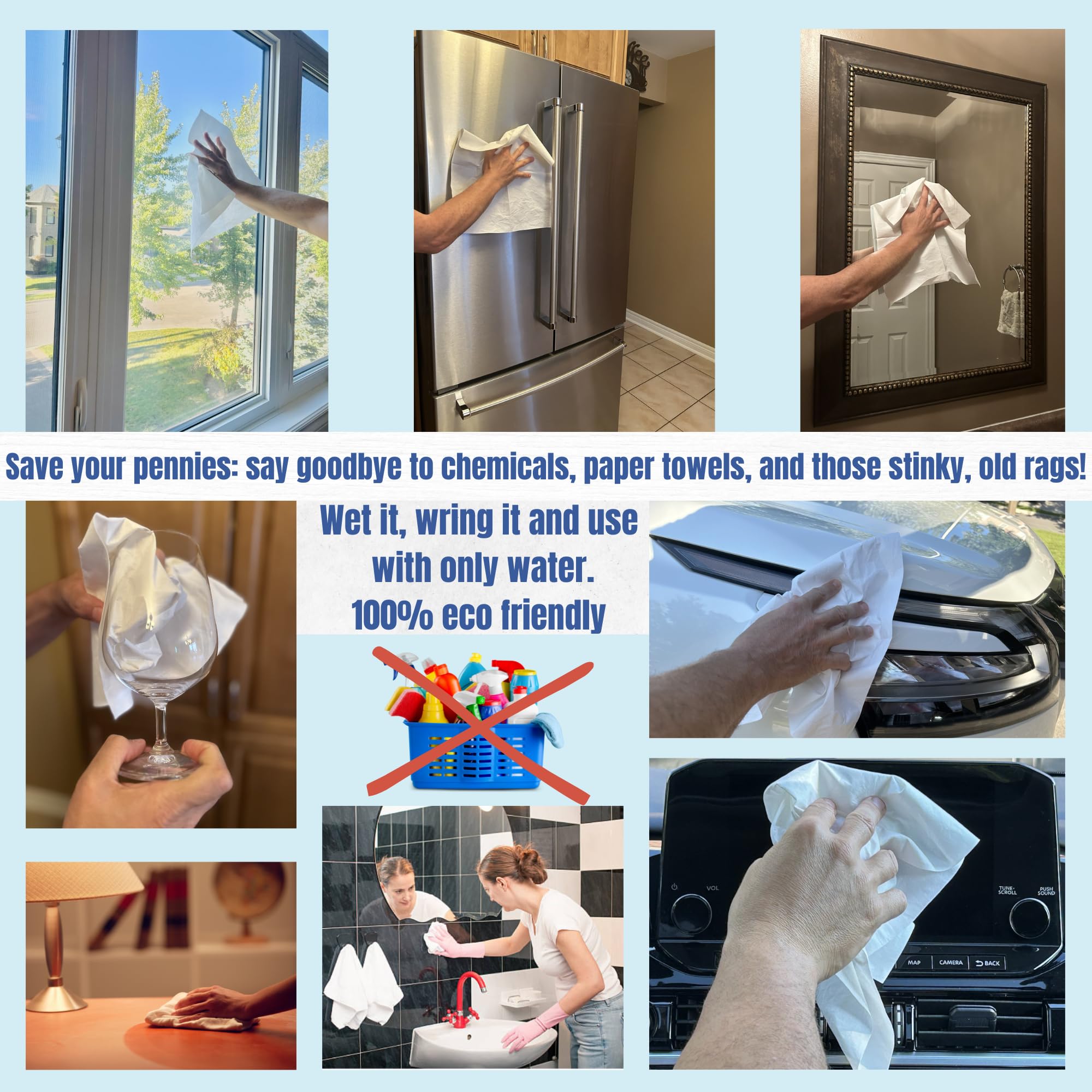 Crystal Clean Eco-Cloth Amazing Lint-Free/Streak-Free/Chemical-Free Microfiber Cloth for Windows & Glass/Mirrors Stainless Steel Appliances TV/Computer/Tablets...5 in a Pack, White, 16''x16''