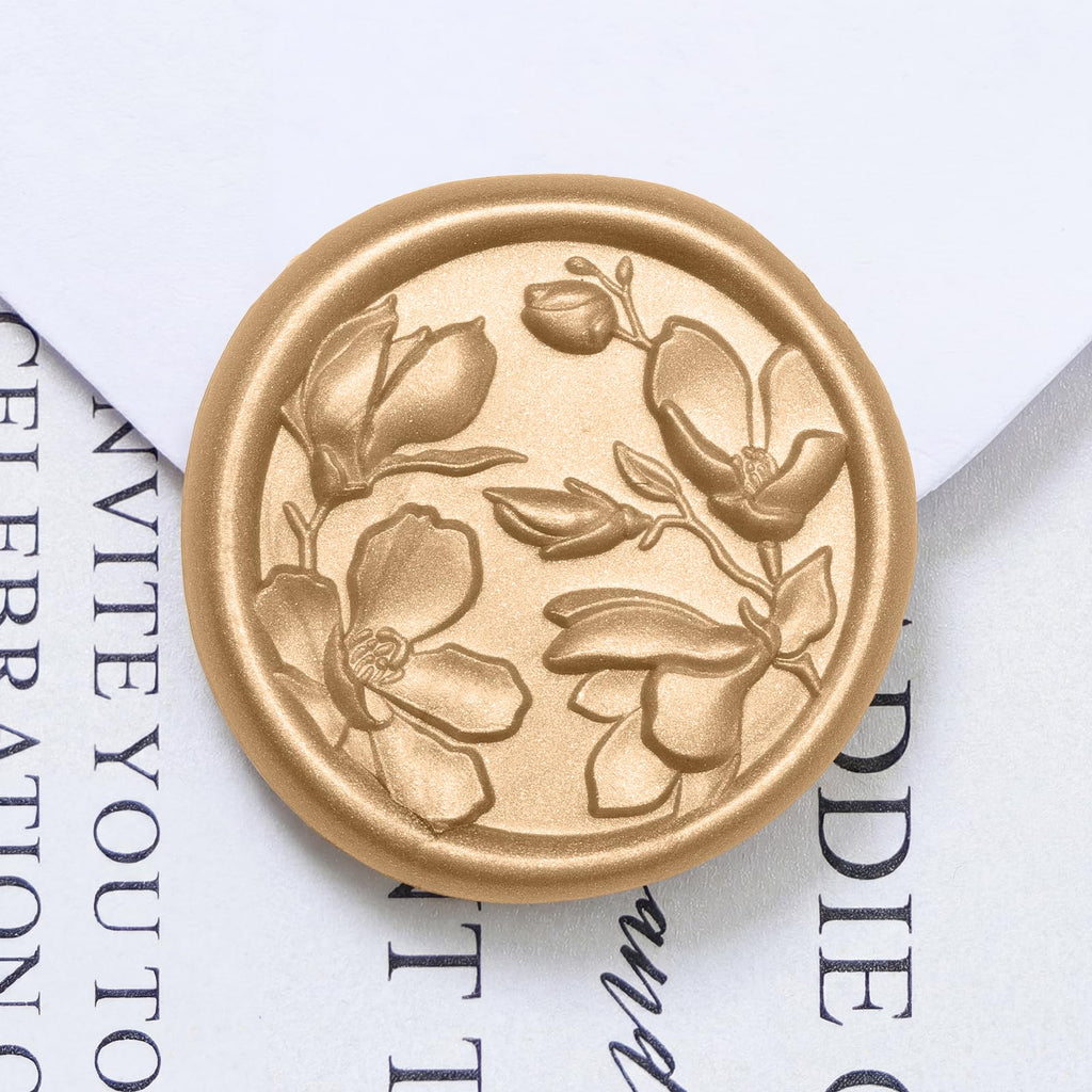 UNIQOOO Wax Seal Stickers - 3D Magnolia Wedding Invitation Envelope Botanical Seal Stickers, 50 Pcs Self- Adhesive Light Gold Stickers, Perfect for Invitation, Christmas, Gift Wrapping, Party