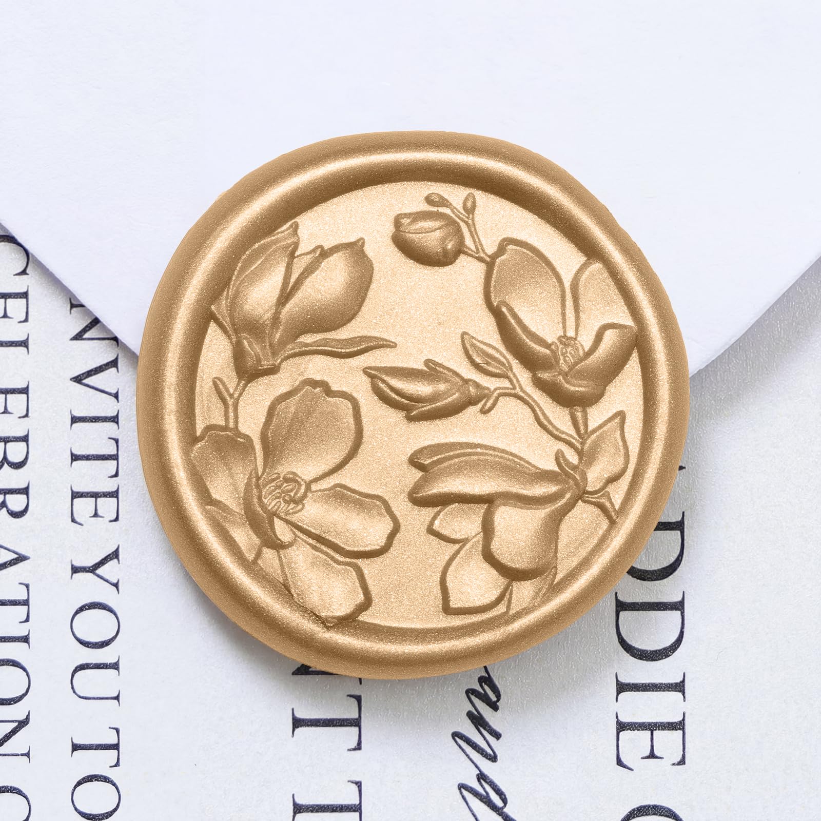 UNIQOOO Wax Seal Stickers - 3D Magnolia Wedding Invitation Envelope Botanical Seal Stickers, 50 Pcs Self- Adhesive Light Gold Stickers, Perfect for Invitation, Christmas, Gift Wrapping, Party