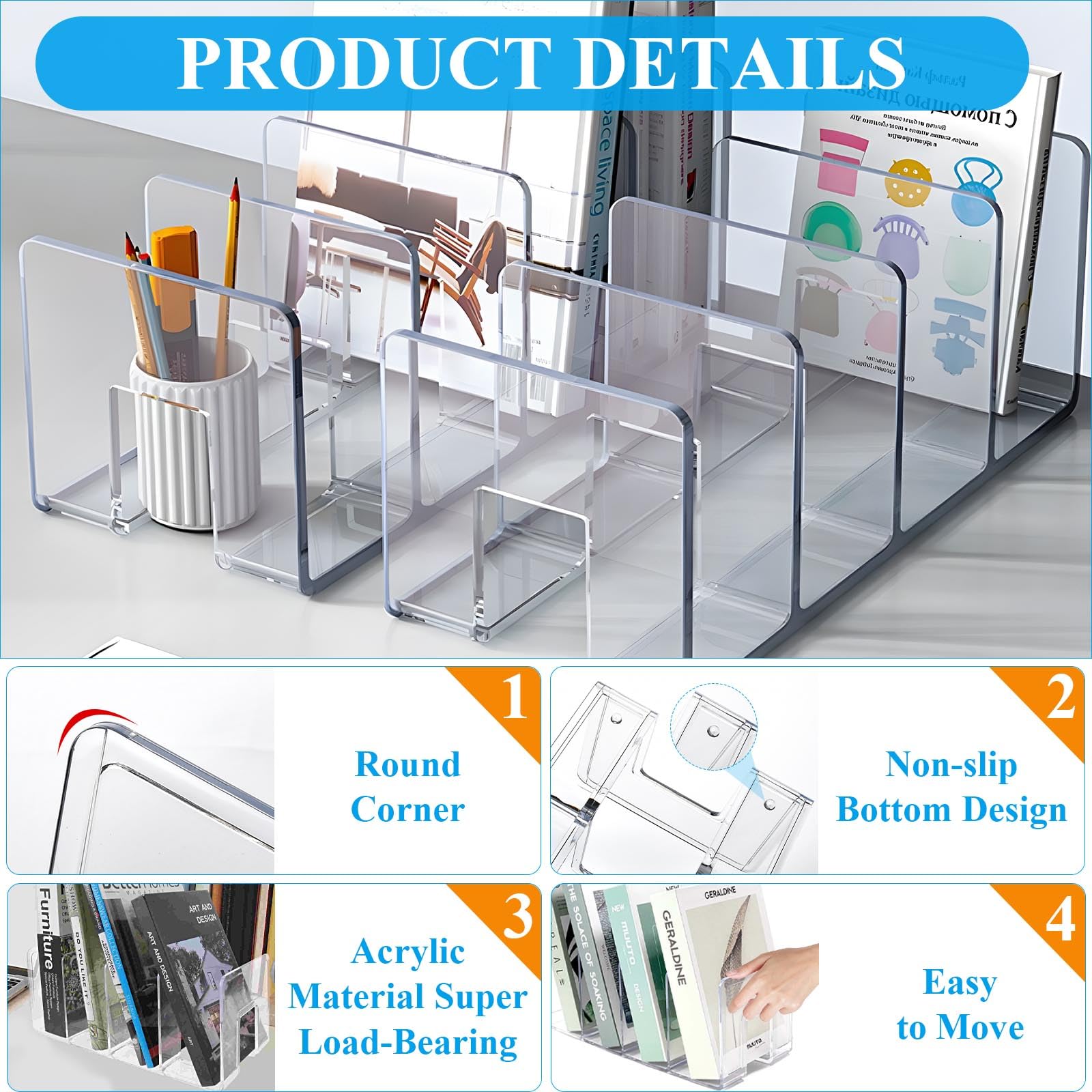 Supkiir 4 Pack 4-Section Acrylic File Sorter, Clear Desk File Organizer Book Organizer, Acrylic Office Organizers And Storage Stand Rack for Handbag Book Envelopes Document Notebook Electronics