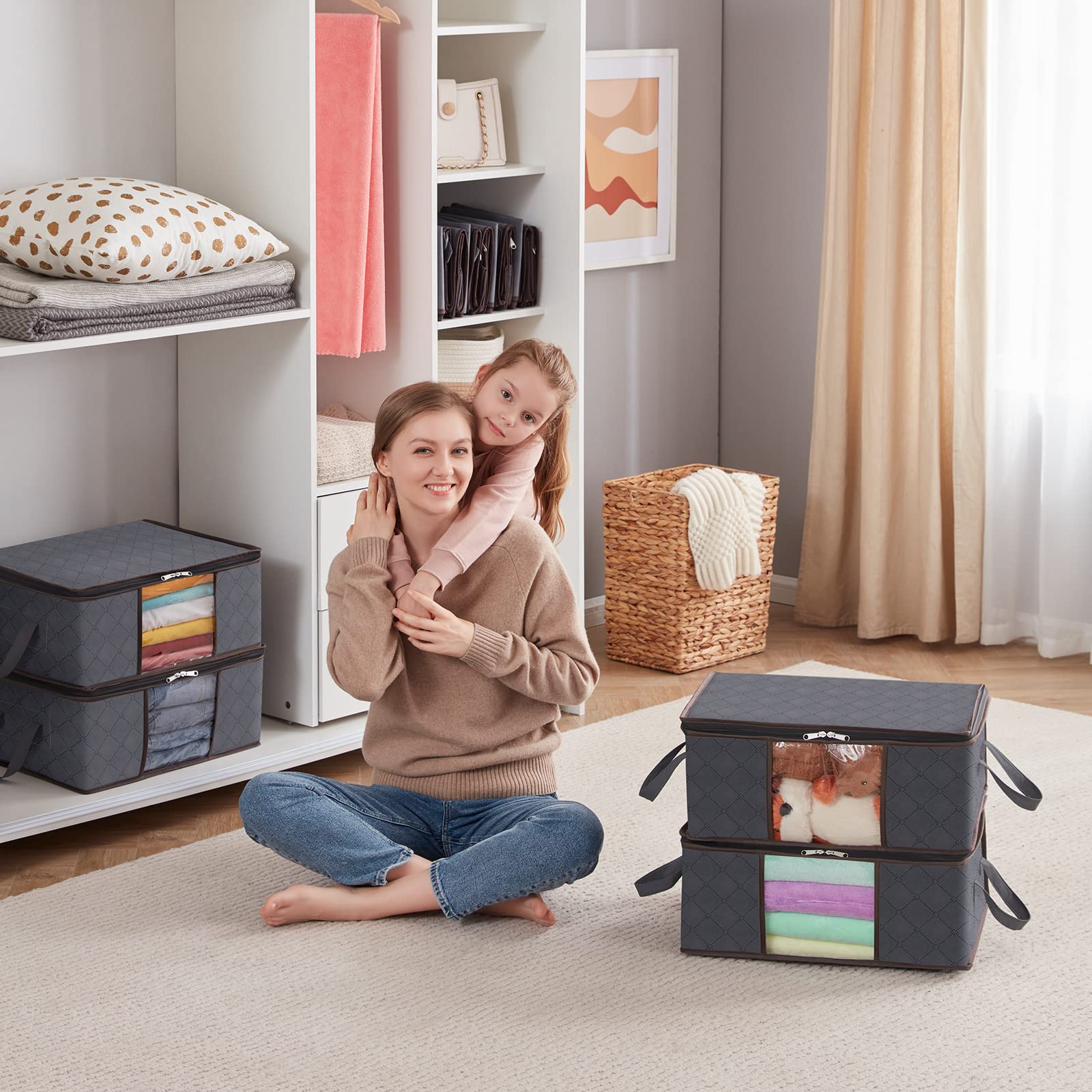 Lifewit Clothes Storage Bag Foldable Organizer Bin with Reinforced Handle Sturdy Breathable Fabric Clear Window for Sweaters, Coats, T-Shirts, Blankets, 6 Pack, Grey