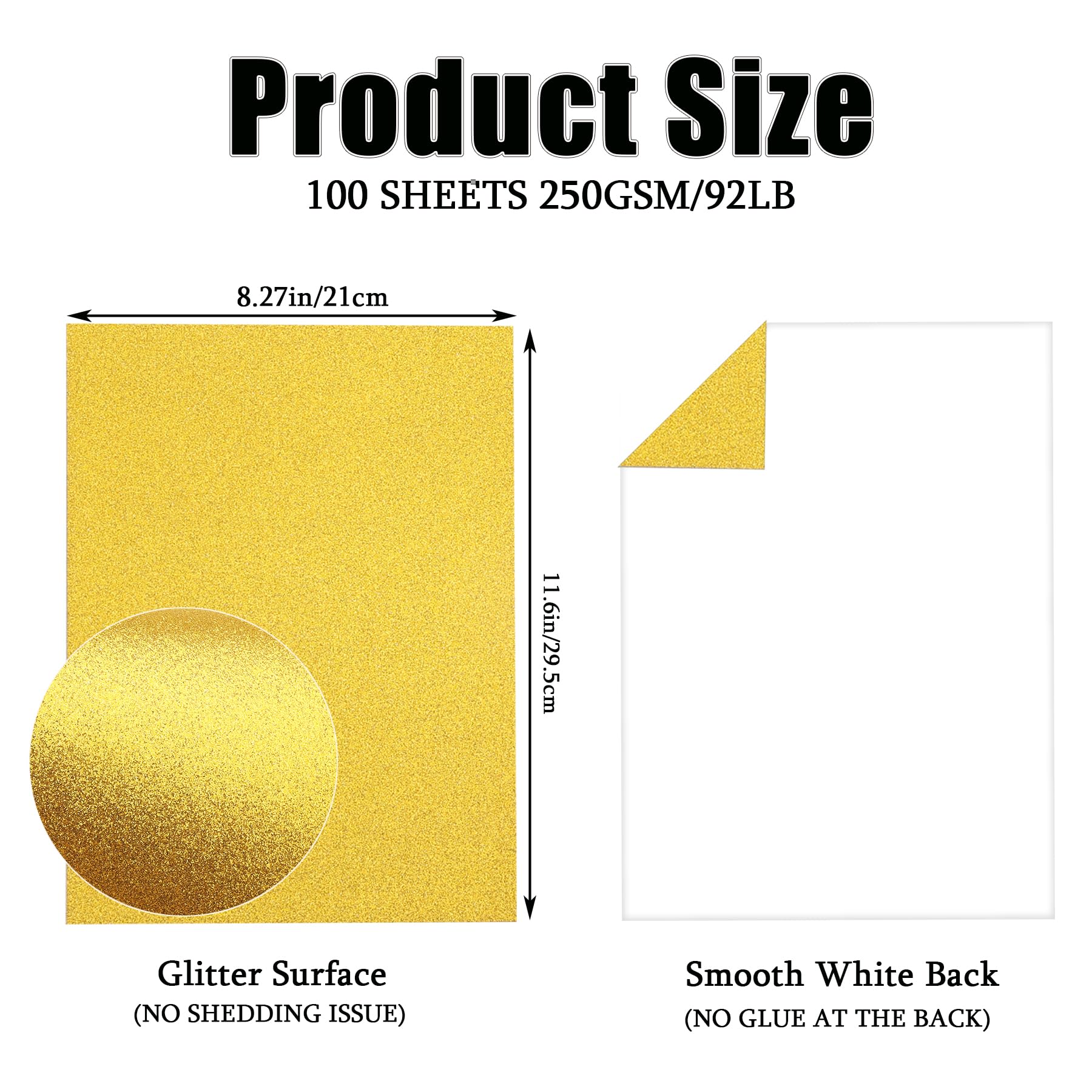 100 Sheets Glitter Cardstock, 15 Colors 250gsm/92lb Cardstock for Cricut, Crafts and DIY Projects, A4 No-Shed Sparkly Glitter Paper for Card Making
