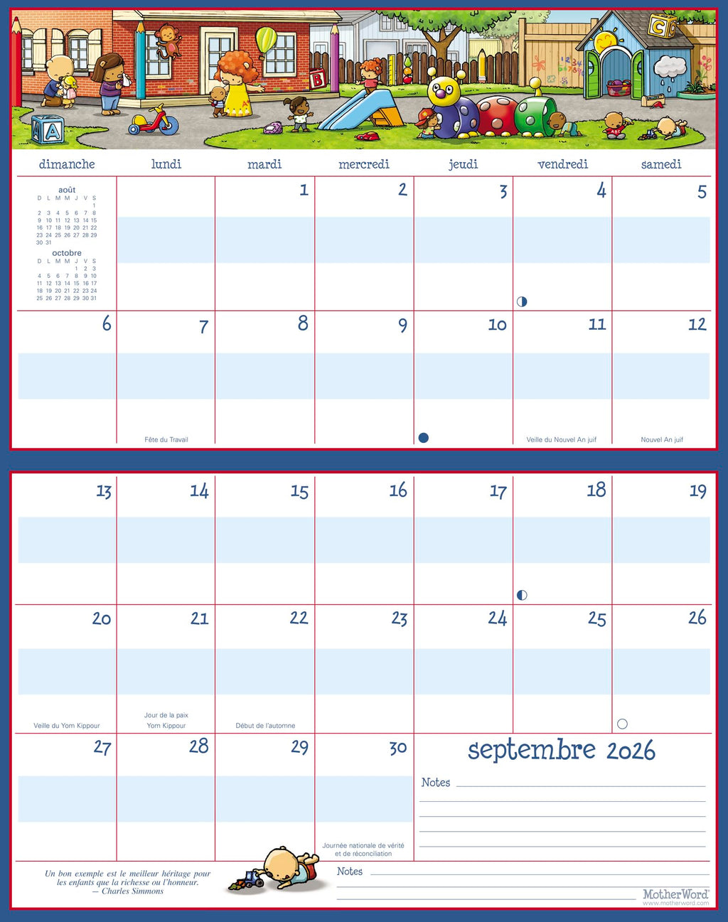 2026 MotherWord Ultimate Fridge Magnetic Hanging Family Calendar, 16-Month Family Planner, Sept 2025 - Dec 2026, French, Medium Side by Side Version, 15" x 9.5" (MWMFT12826)