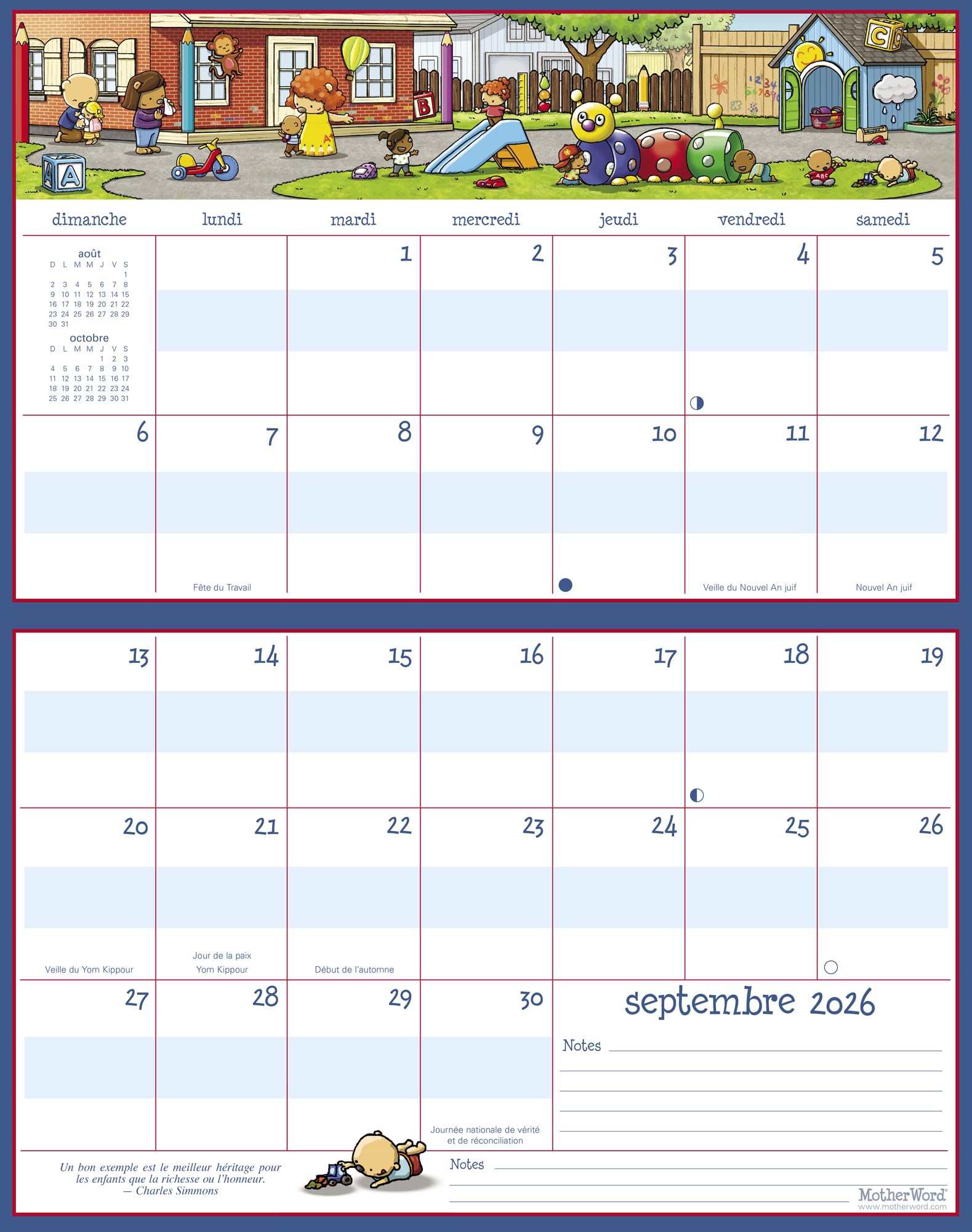 2026 MotherWord Ultimate Fridge Magnetic Hanging Family Calendar, 16-Month Family Planner, Sept 2025 - Dec 2026, French, Medium Side by Side Version, 15" x 9.5" (MWMFT12826)