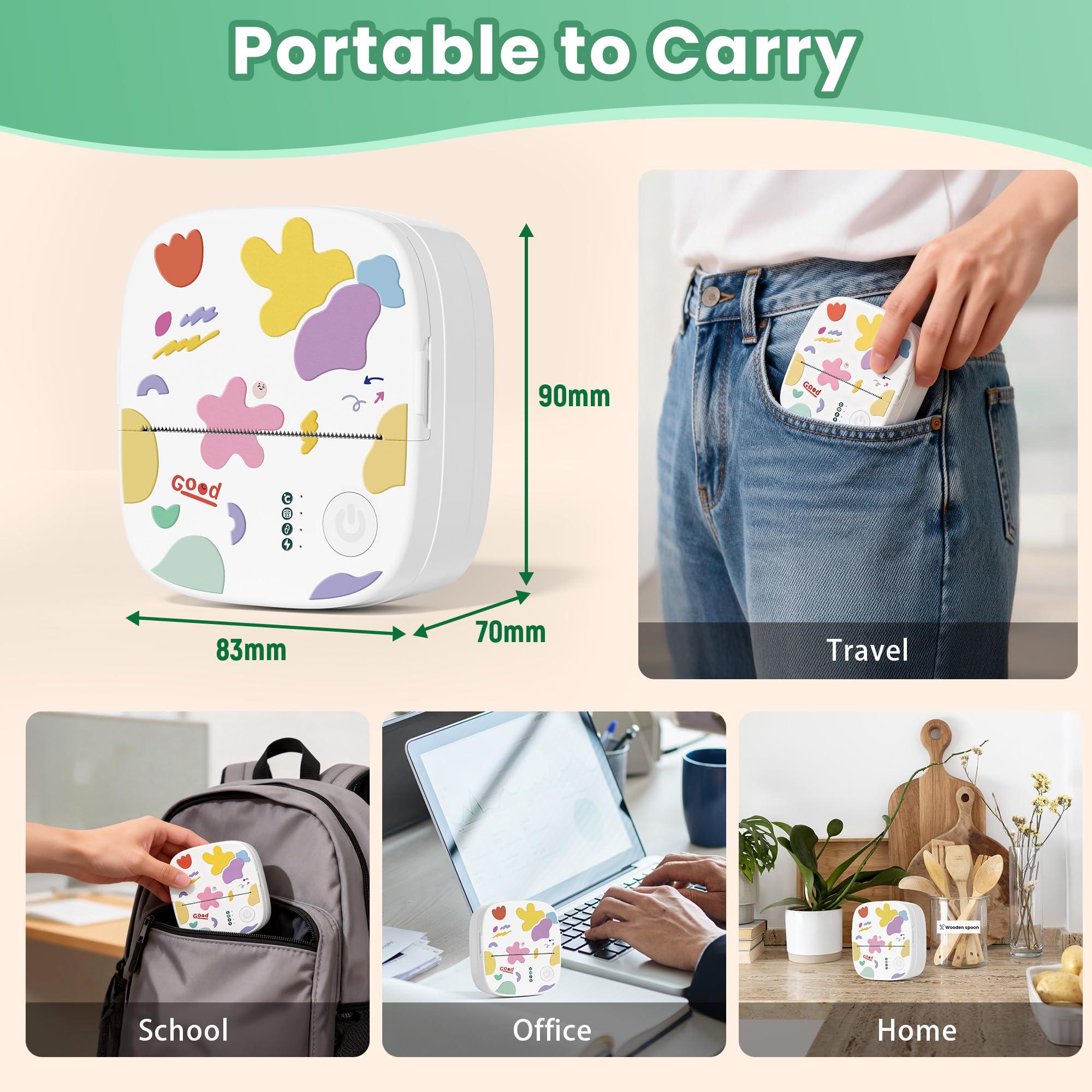 Mini Sticker Printer, Mini Thermal Printer with 4 Rolls Paper, Bluetooth Inkless Printpods, Pocket Label Maker Suitable for Creative Kids DIY, Diaries, Study Notes, Photos