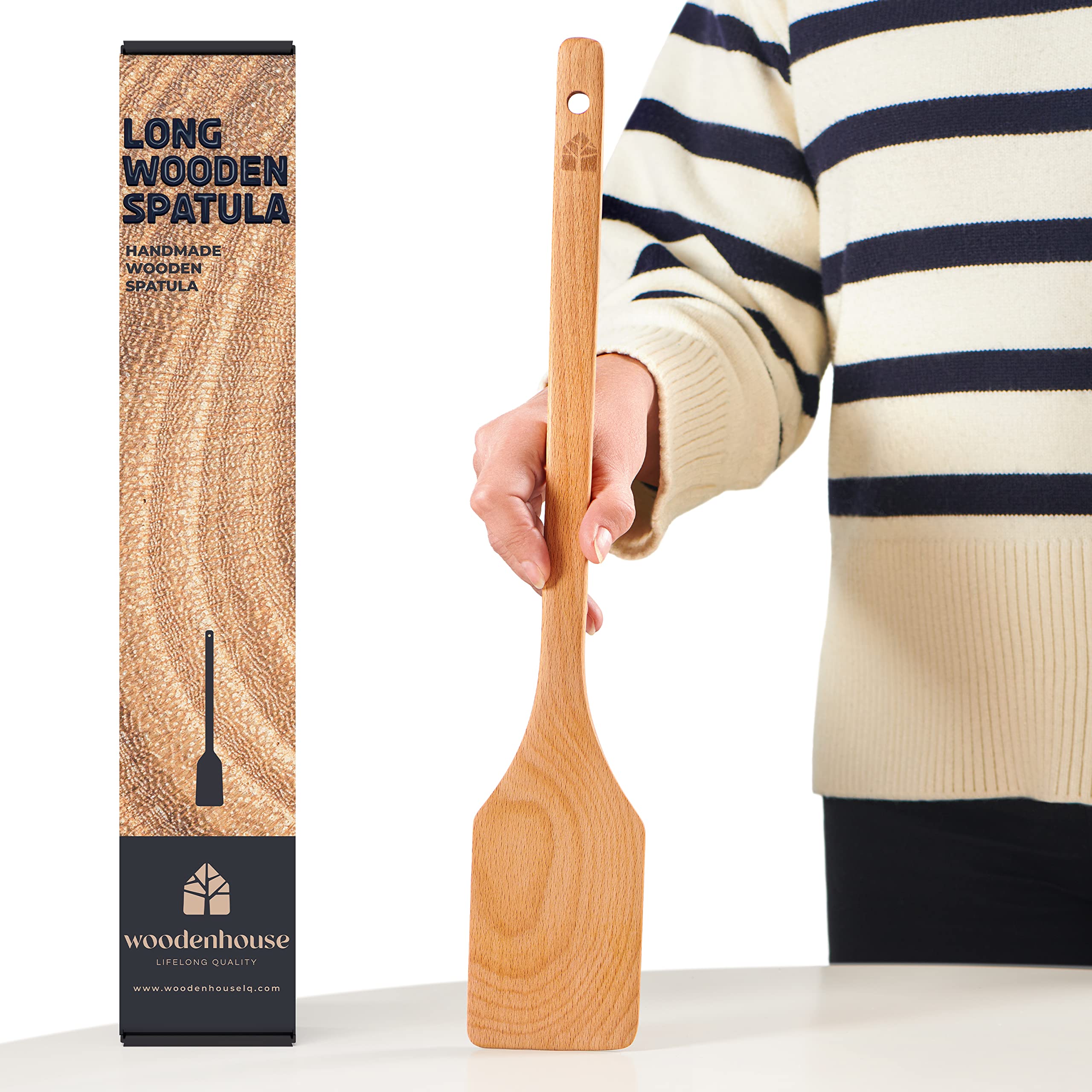 Extra-Long Wooden Spoon - 18” Stirring Paddle - Beech Wood Long-Handled Cajun Cooking Grill Mixing & Brewing - Heavy-Duty Flat Stir Paddles - Solid Natural Hardwood Cookware by Woodenhouse