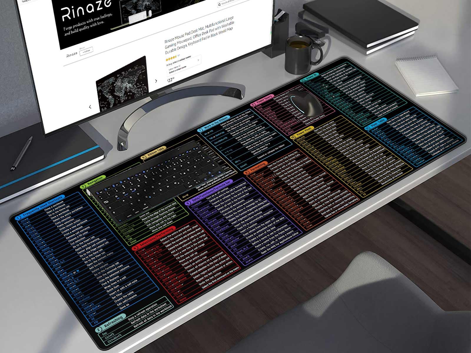Rinaze Large Mouse Pad With Excel Shortcuts Cheat Sheet, XXL Gaming Mousepad Keyboard Pad, Office Desk Accessories for Computer, MacBook, PC and Laptop