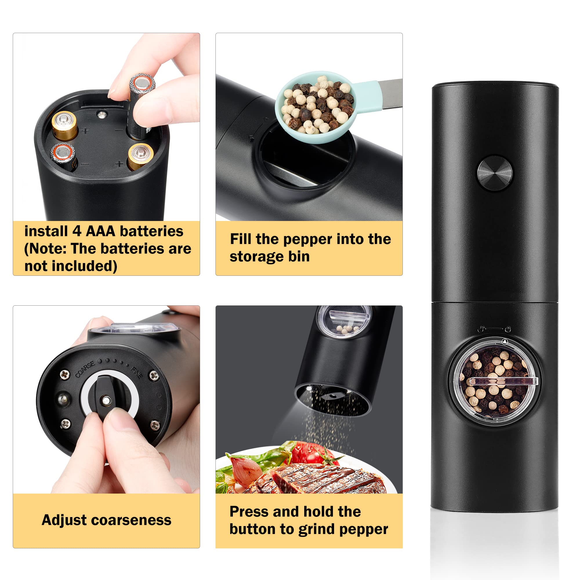 Gulex Electric Pepper Grinder or Salt Mill, Battery Powered Automatic Pepper Mill, Ceramic Grinder with Adjustable Coarseness, LED Light, One Hand Operation (1 pack)