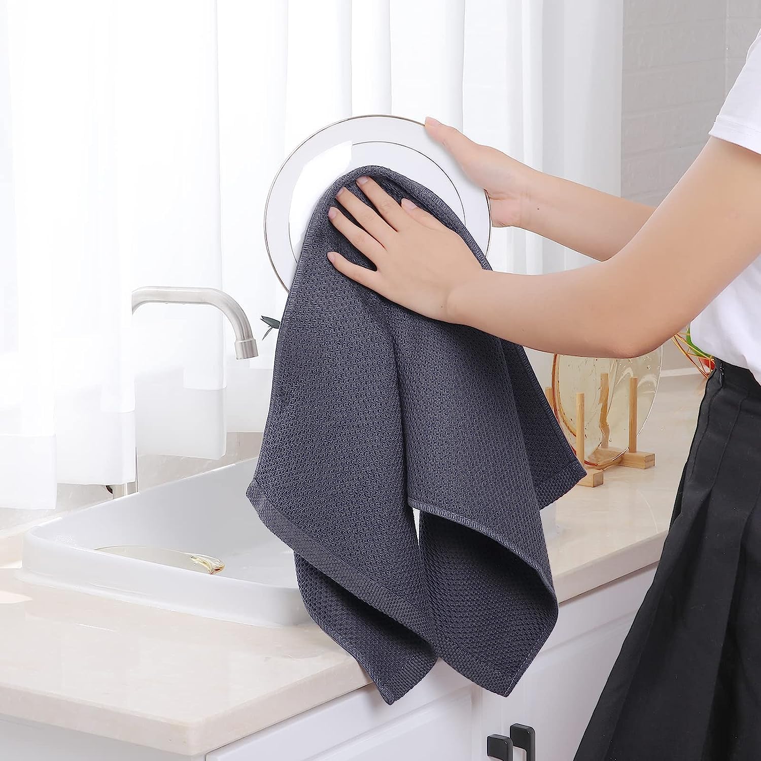 HYER KITCHEN 100% Cotton Waffle Weave Kitchen Dish Towels, Super Soft Absorbent Quick Drying Cleaning Towel, 13x28 Inches, 4-Pack, Dark Grey