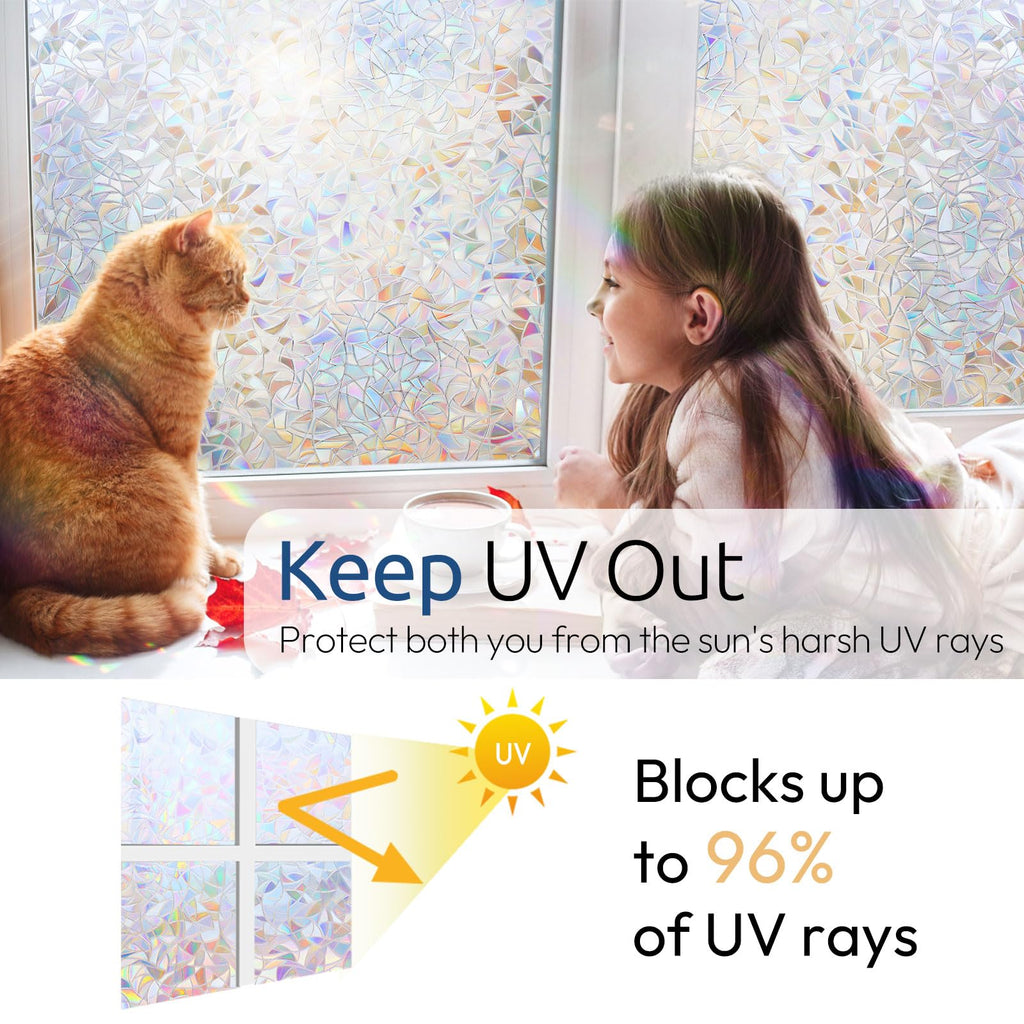 rabbitgoo Rainbow Window Films for Privacy, 3D No Glue Decorative Window Clings, UV Blocking Removable Stained Glass Tint Film, Privacy Glass Stickers for Home Office Door, 44.5X200cm