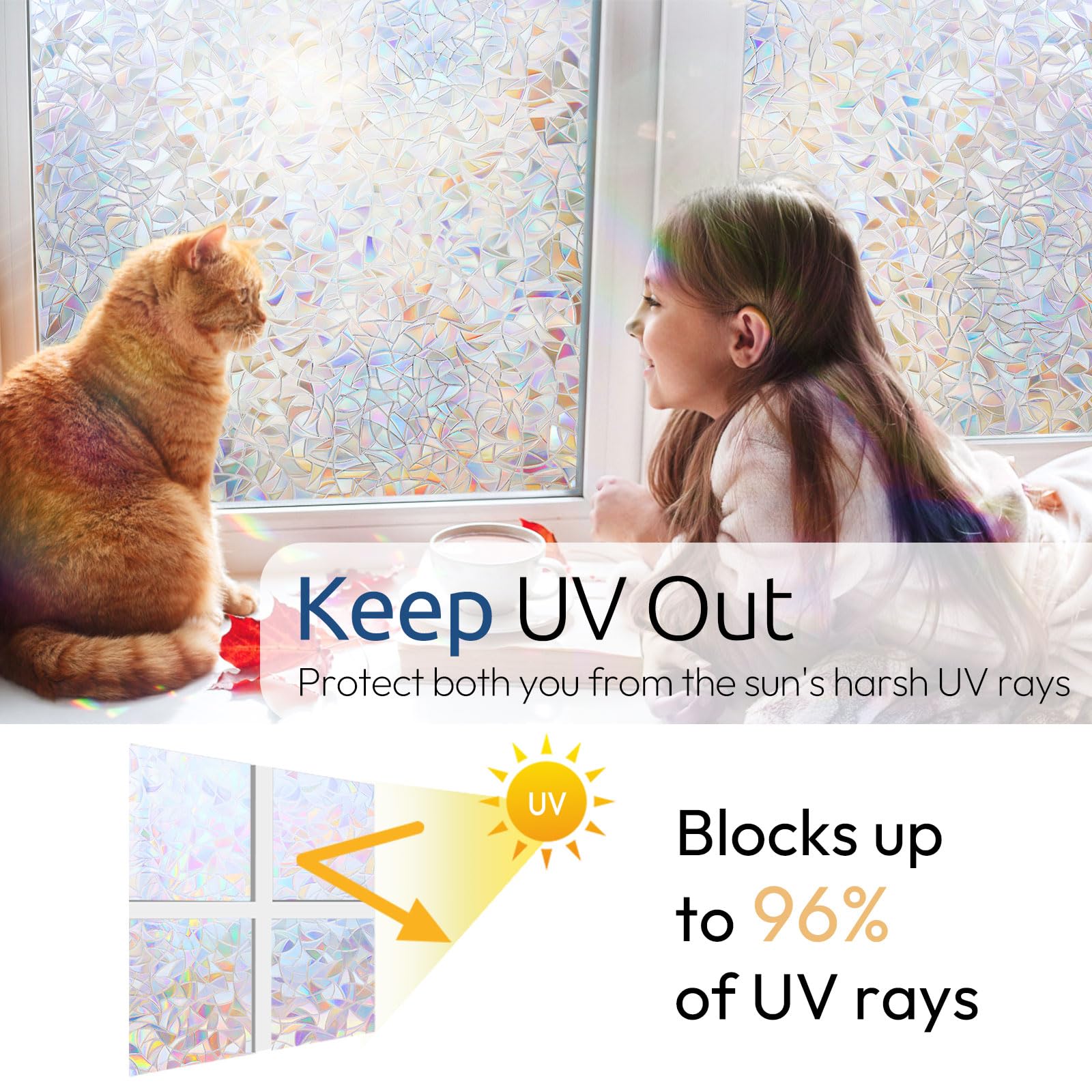 rabbitgoo Rainbow Window Films for Privacy, 3D No Glue Decorative Window Clings, UV Blocking Removable Stained Glass Tint Film, Privacy Glass Stickers for Home Office Door, 44.5X200cm