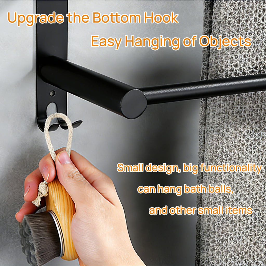 MEKENSO SUS304 Dual Bar Adjustable Towel Bar, Expandable Space Saving Towel Rack, Bathroom Towel Holder with Double Hook 16.9 to 29.9 Inch, No Drill/Screw Installation.（Black）