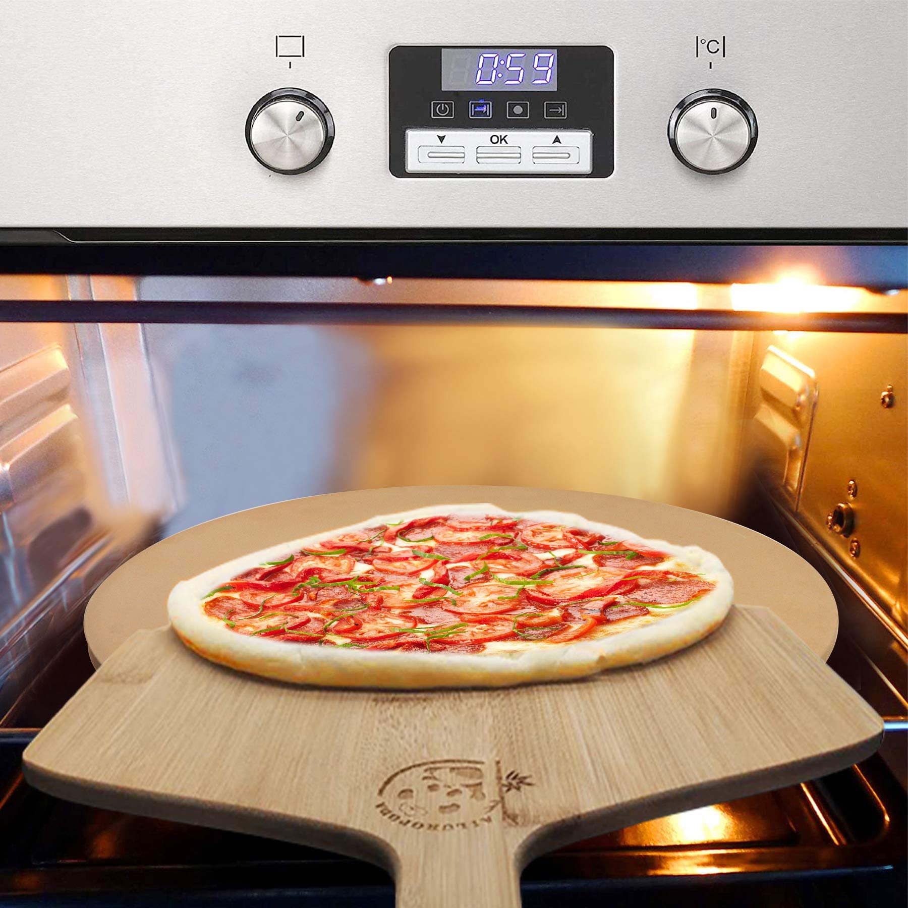 AILUROPODA Pizza Stone for Oven and BBQ with Bamboo Pizza Peel and Scraper（High Temperature Version）