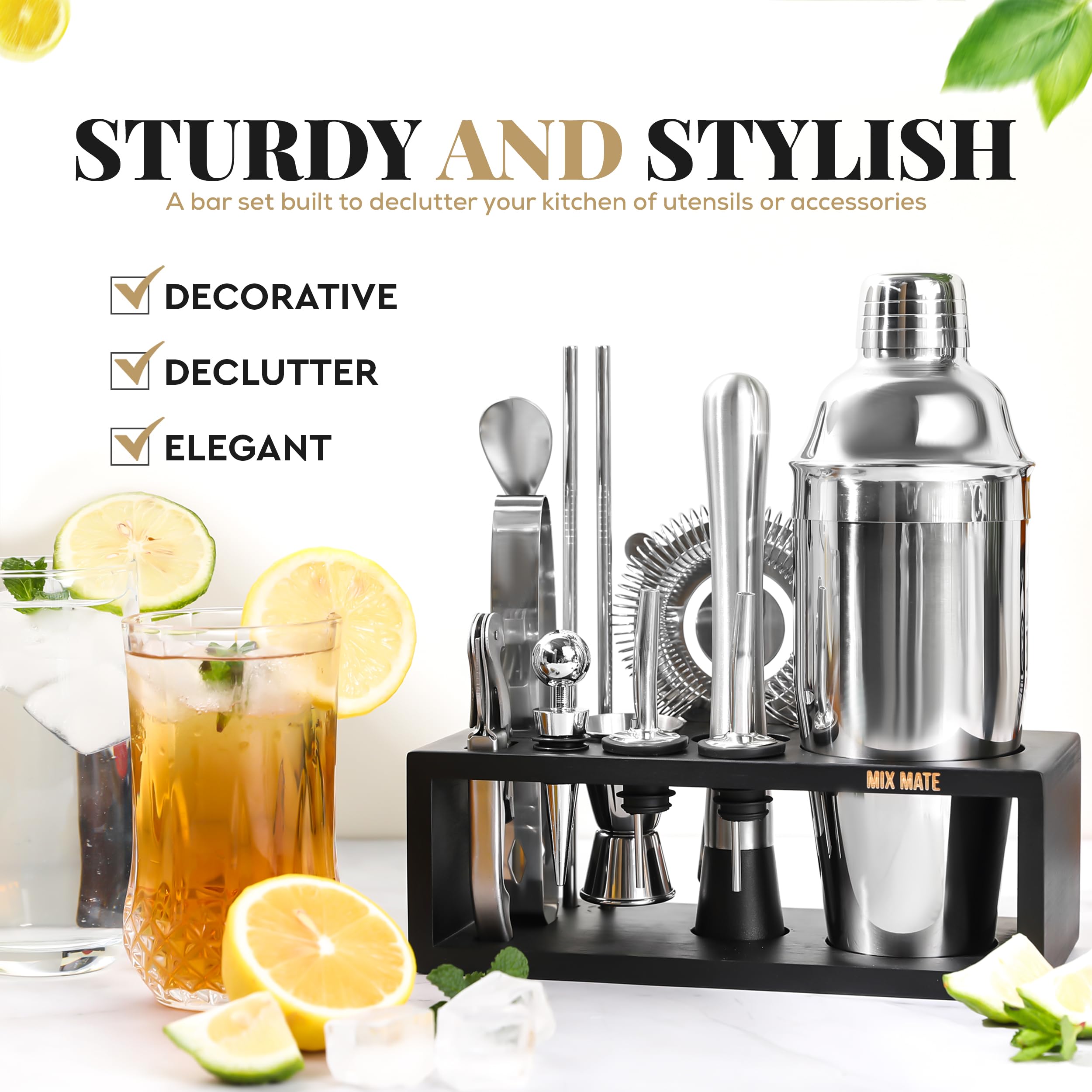 Mixology Bartender Kit with Stand | 15 Piece Bar Tool Set, Silver Bar Set Cocktail Shaker Set for Drink Mixing - Includes Martini Shaker, Jigger, Strainer, Bar Mixer Spoon, Tongs | Gift Idea (Silver)