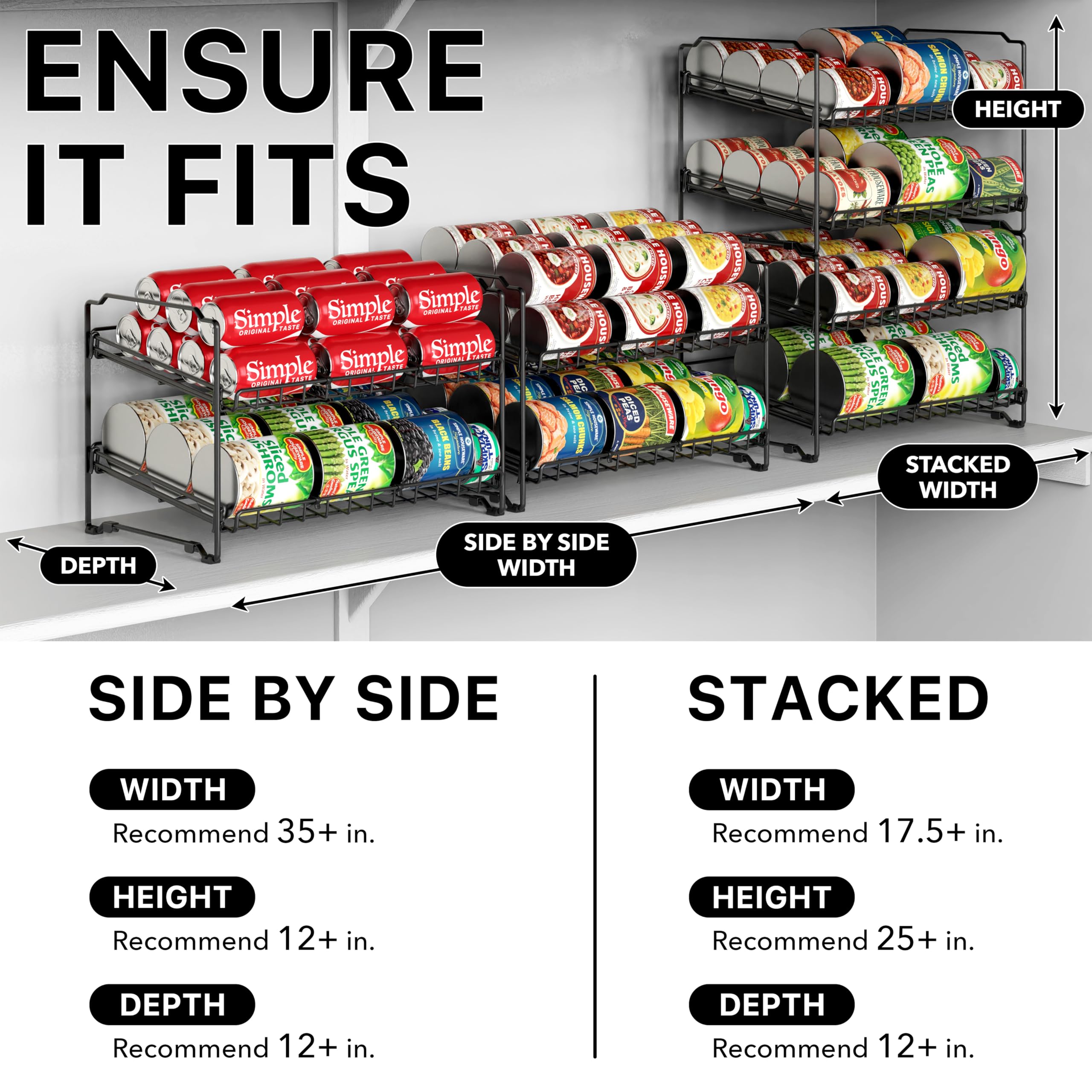 Simple Houseware 2 Tier Stackable Can Rack Organizer for Pantry Storage, 2 Pack, Black