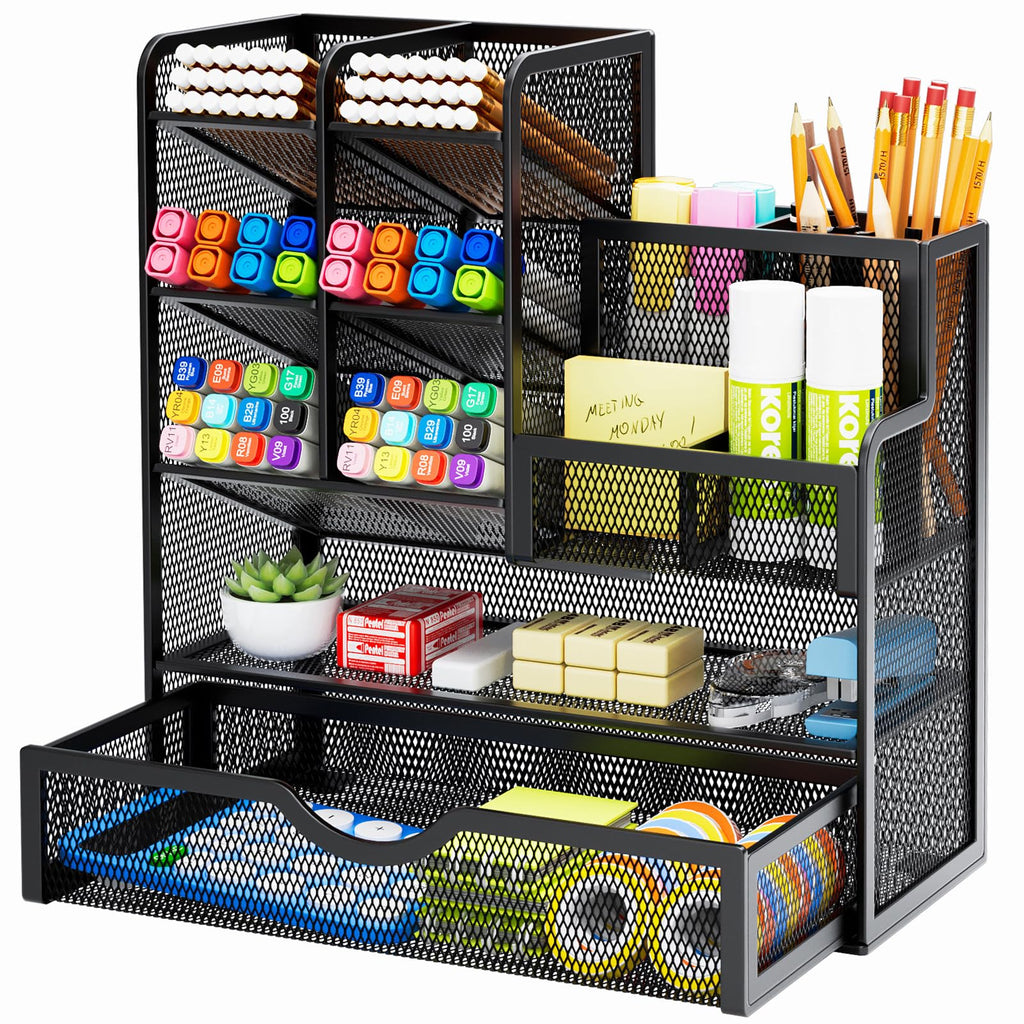 Marbrasse Pen Holder for Desk, Desk Organize with Drawer, Desk Organizers and Accessories for Office Art Supplies (Black)