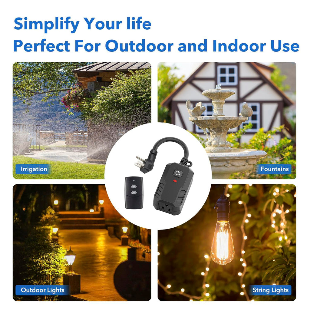 BN-LINK Outdoor Remote Control Outlet Plug Black,Indoor Wireless Outlet Switch Weatherproof Heavy Duty 15A 3-Prong 6-inch Cord 100Ft Range (Battery Included)