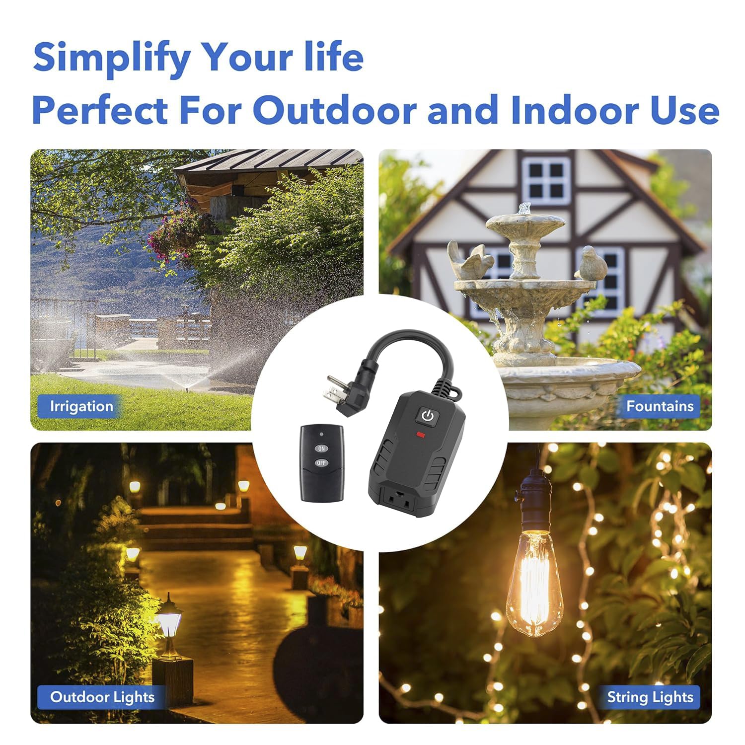 BN-LINK Outdoor Remote Control Outlet Plug Black,Indoor Wireless Outlet Switch Weatherproof Heavy Duty 15A 3-Prong 6-inch Cord 100Ft Range (Battery Included)