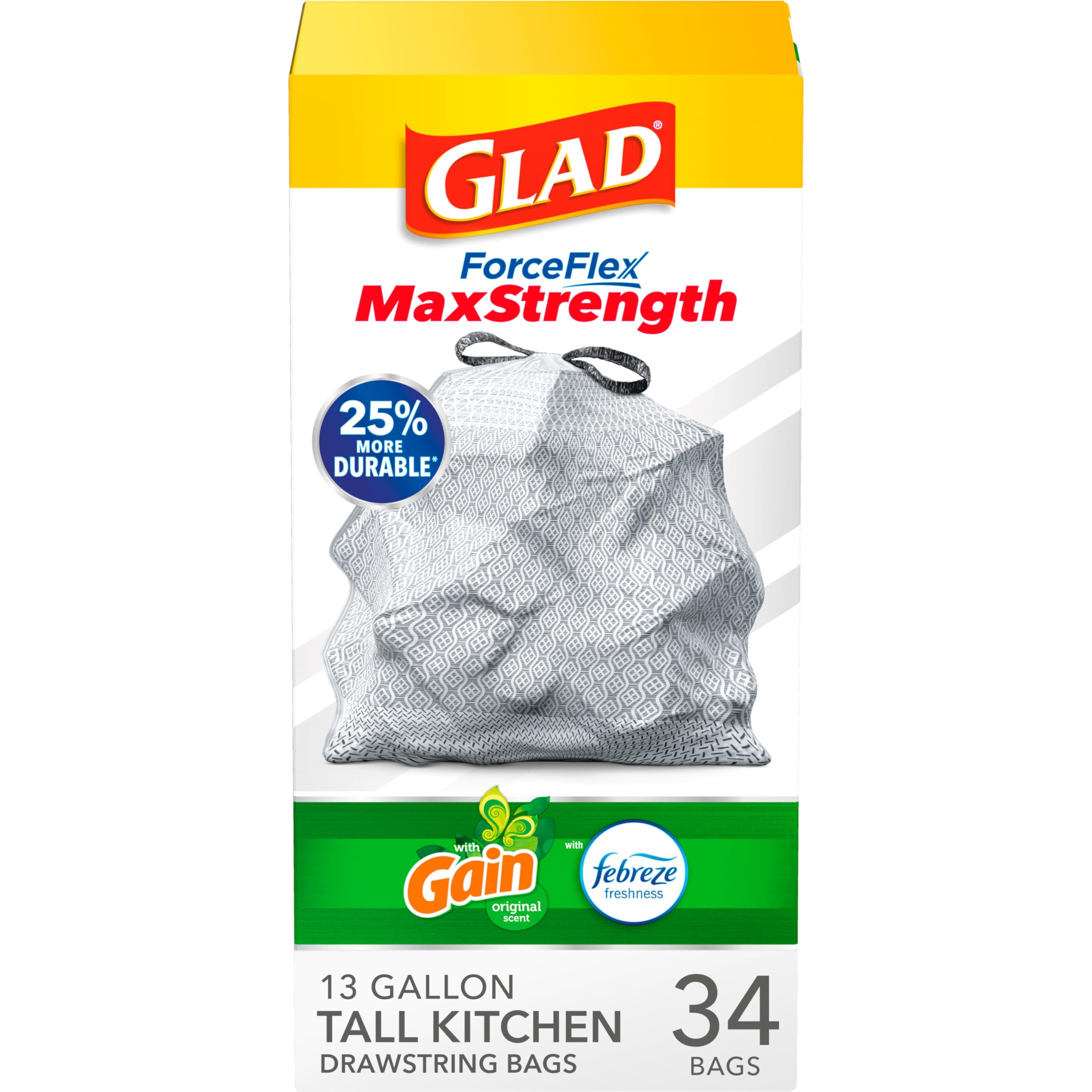 Glad Forceflex Odorshield Tall Kitchen Drawstring Trash Bags, Gain Original, 13 Gallon, 34 Count