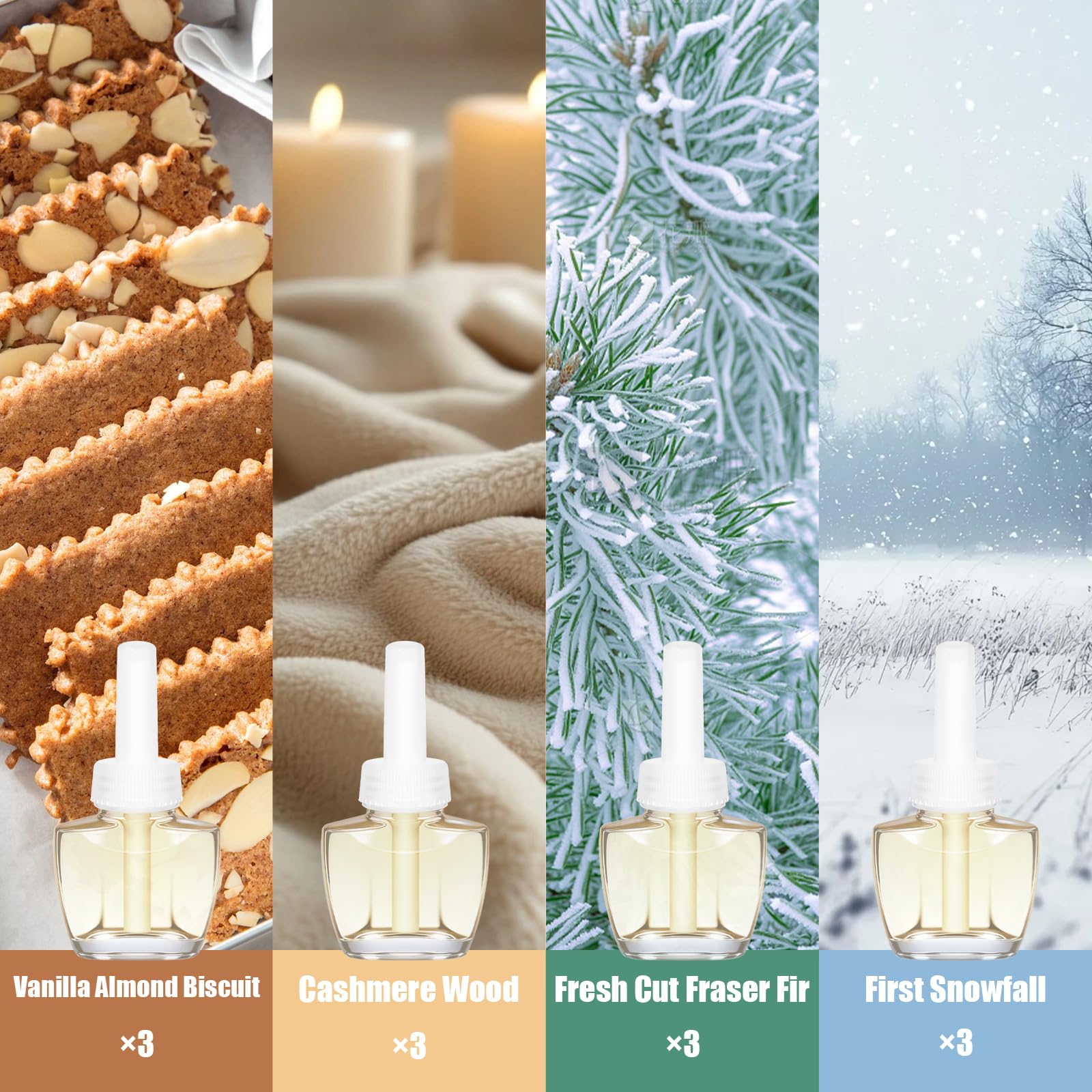 Plug in Scented Oil Refill, 12ct, Vanilla Almond Biscuit, Cashmere Wood, Fresh Cut Fraser Fir, First Snowfall, Wall Plug In Refill Oils for Home, Compatible with Air Wick & Glade, Not for Glade Plus