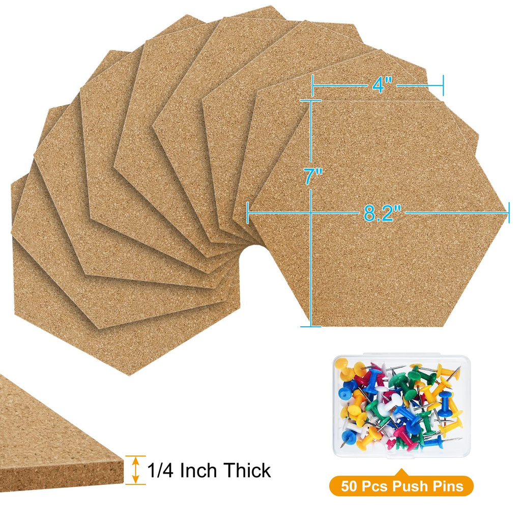 TUPARKA 8 Pack Cork Board Hexagon Bulletin Boards Cork Tiles 8.2"x7" - 1/4" Self-Adhesive Corkboards with 50 Push Pins Mini Wall for Wall Home School Office Decorative