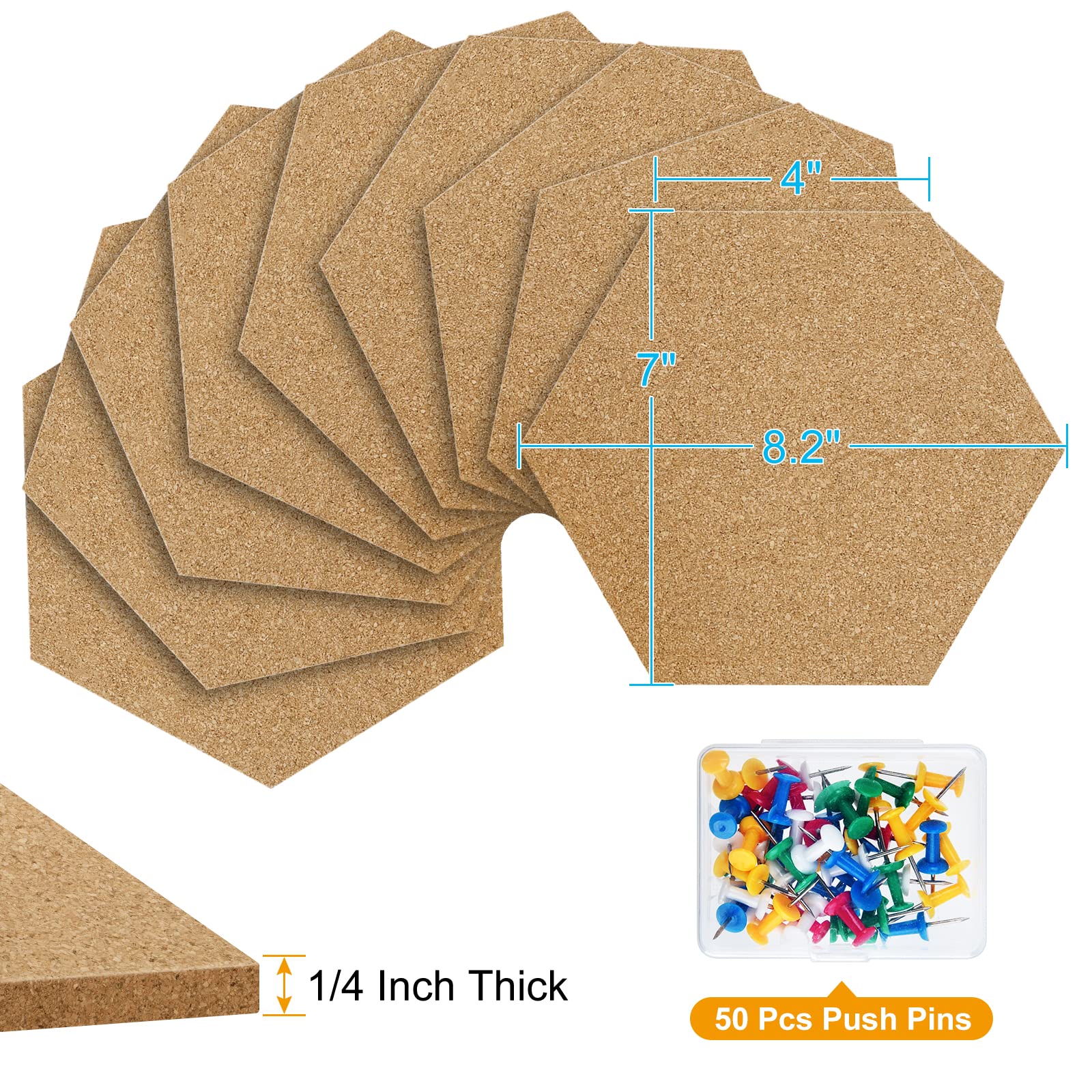TUPARKA 8 Pack Cork Board Hexagon Bulletin Boards Cork Tiles 8.2"x7" - 1/4" Self-Adhesive Corkboards with 50 Push Pins Mini Wall for Wall Home School Office Decorative